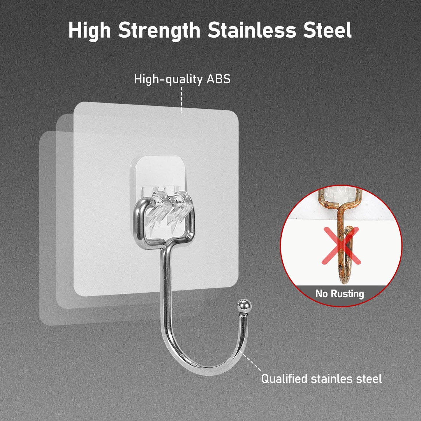 FACURY Large Adhesive Hooks 22Ib(Max), Waterproof and Rustproof Wall Hooks for Hanging Heavy Duty, Stainless Steel Towel and Coats Hooks to use Inside Kitchen, Bathroom, Home and Office, 8Pack