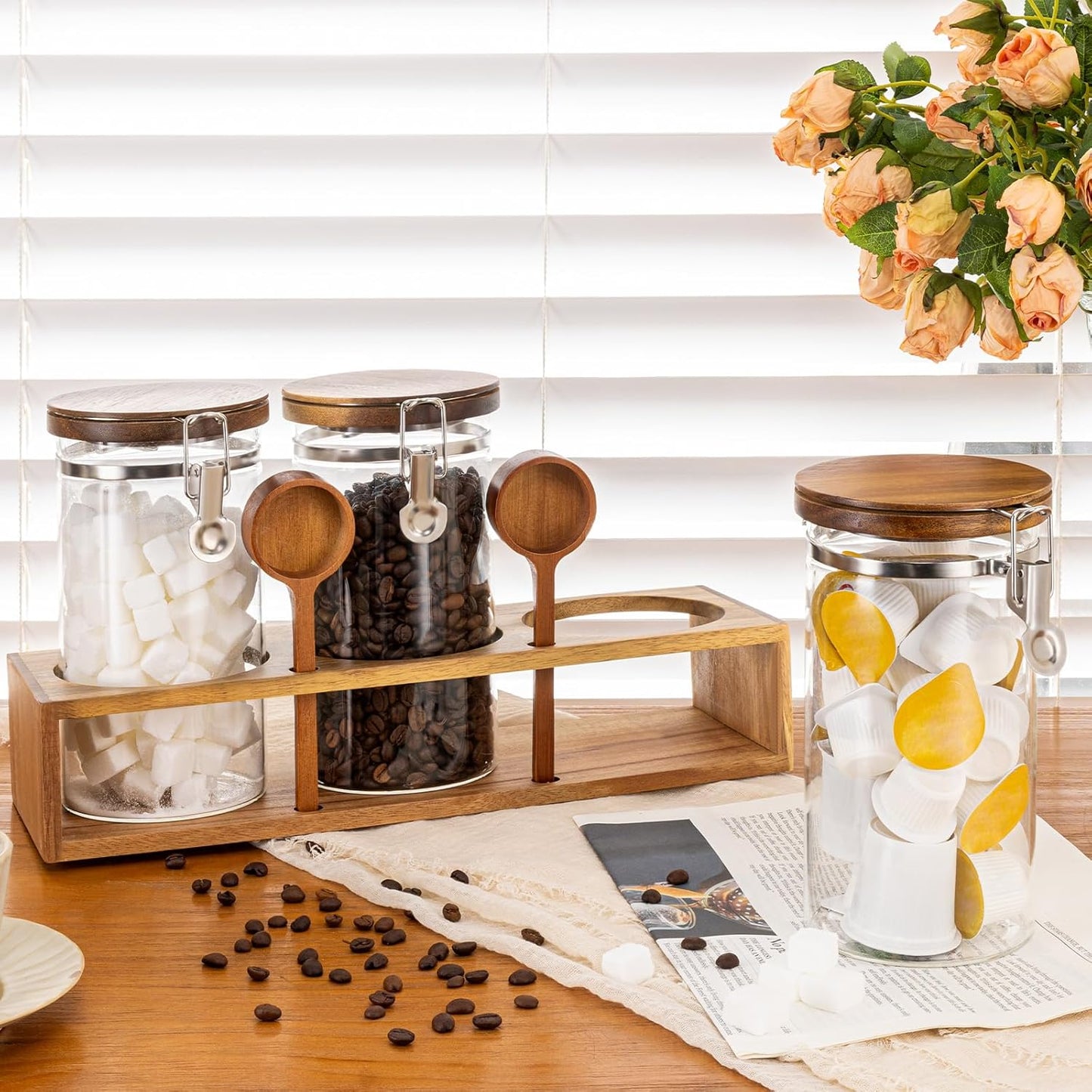 Yangbaga Glass Sugar Coffee Canister with Shelf, 3 x 45OZ Coffee Bean Containers Storage Station Organizer with Airtight Locking Clamp and Log Coffee Scoop, Food Storage Canisters Sets for Kitchen