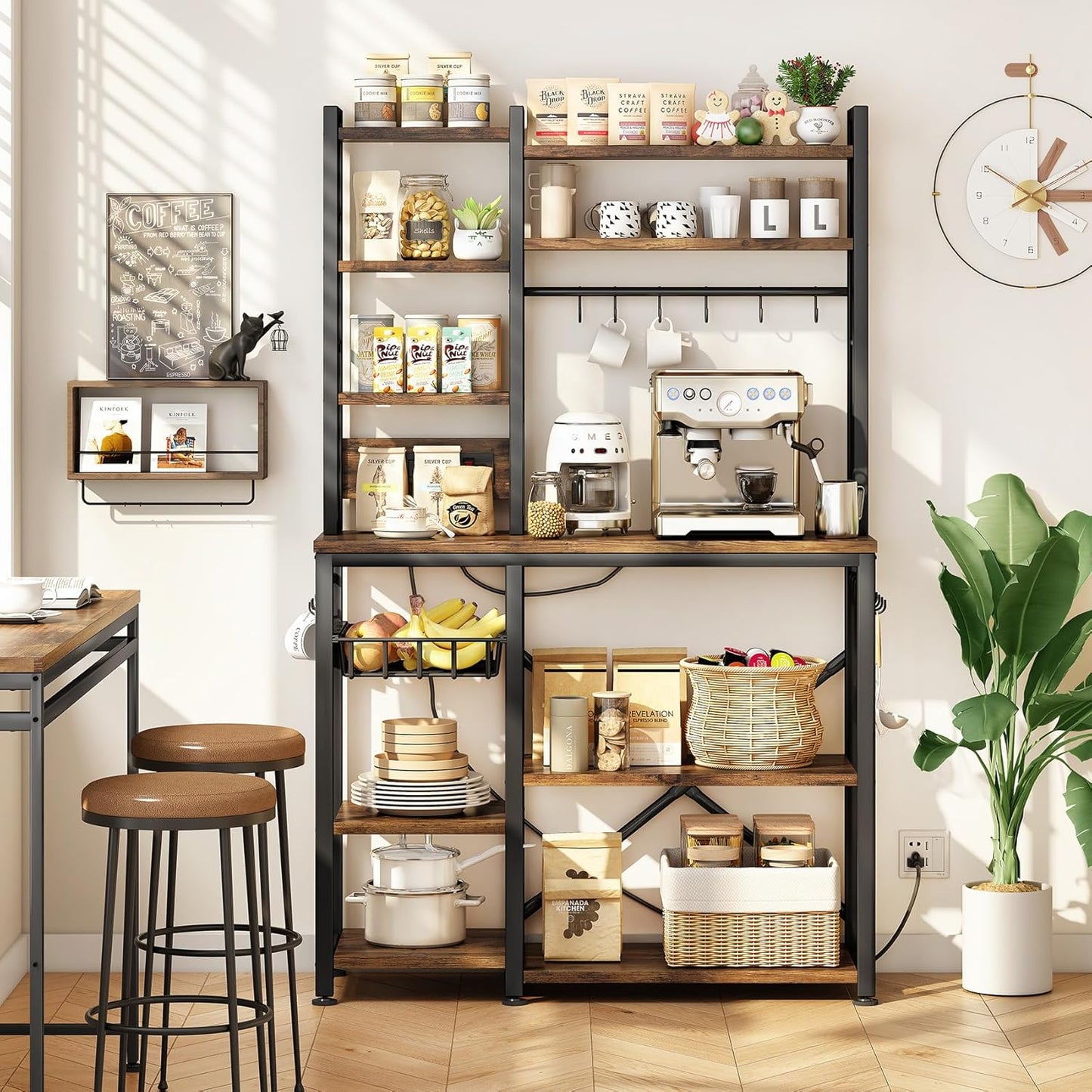 Baker Rack with Power Outlet - Microwave Stand with Storage, Large Coffee Bar Station with 14 Hooks, Metal Kitchen Shelf Rack for Spices, Pots (Rustic Brown)