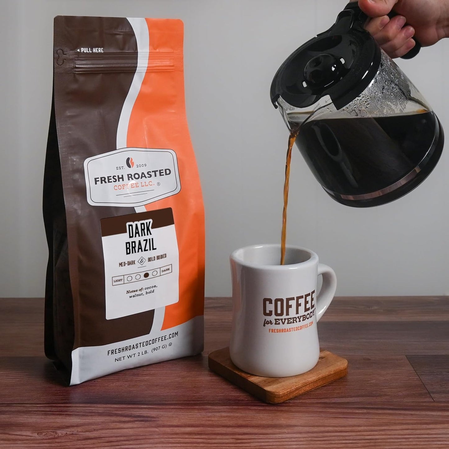 Fresh Roasted Coffee, Dark Brazil, 2 lb (32 oz), Med-Dark Roast, Kosher, Ground