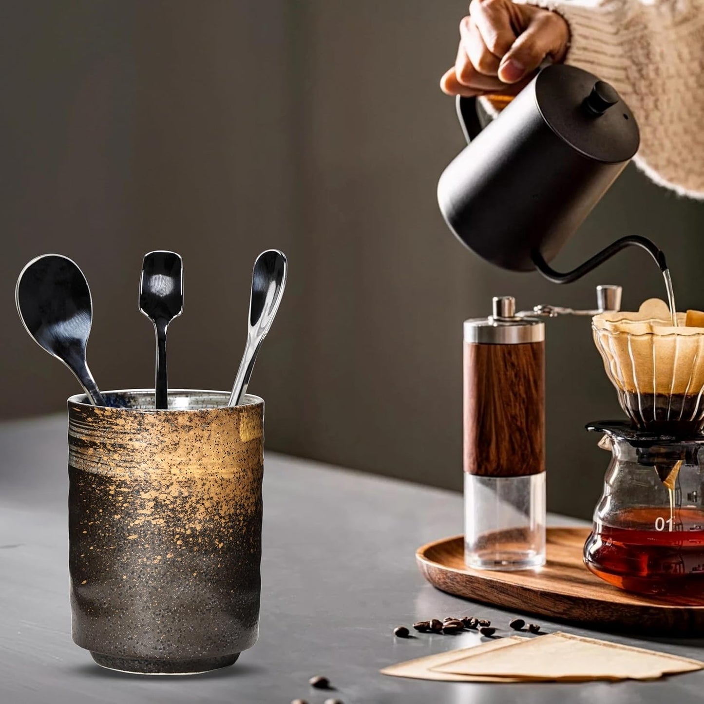 Ceramic Spoon Holder for Coffee Bar, Upright Tea Spoon Holder Cup, Coffee Stirrers Straws Stir Stick Holder, White