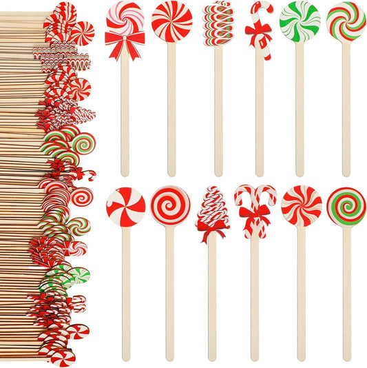 Jinei 120 Pcs Christmas Wooden Coffee Stirrers Wood Cocktail Coffee Stir Sticks Disposable Drink Stirrers for Stirring Hot Chocolate Milkshake Restaurant Home Office (Candy Style)