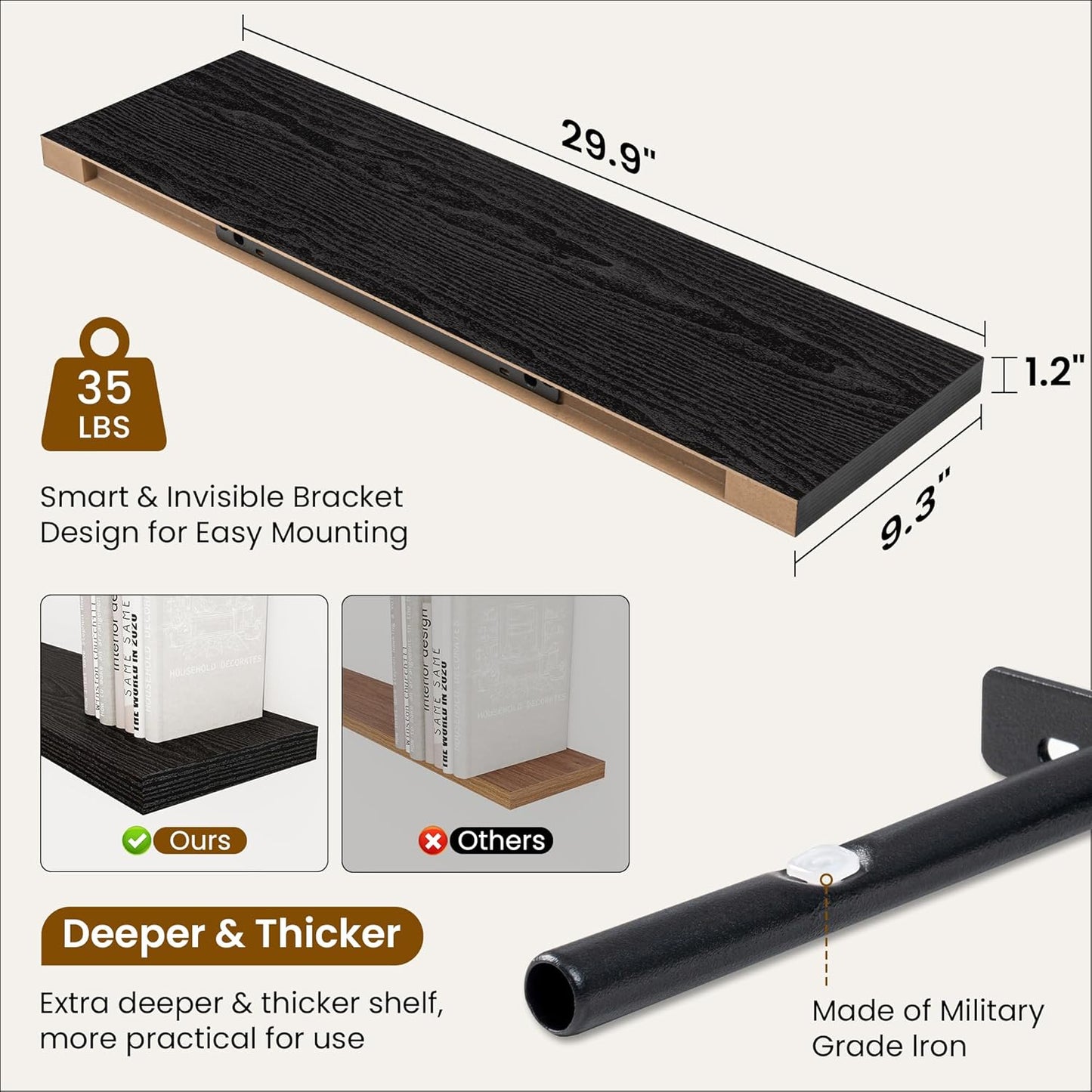 Fun Memories Floating Shelves for Wall, 30 Inch Rustic Wood Wall Mounted Shelves for Bathroom, Bedroom, Kitchen, Living Room, Deep Floating Shelves for Storage & Home Decor (Black, Set of 2)