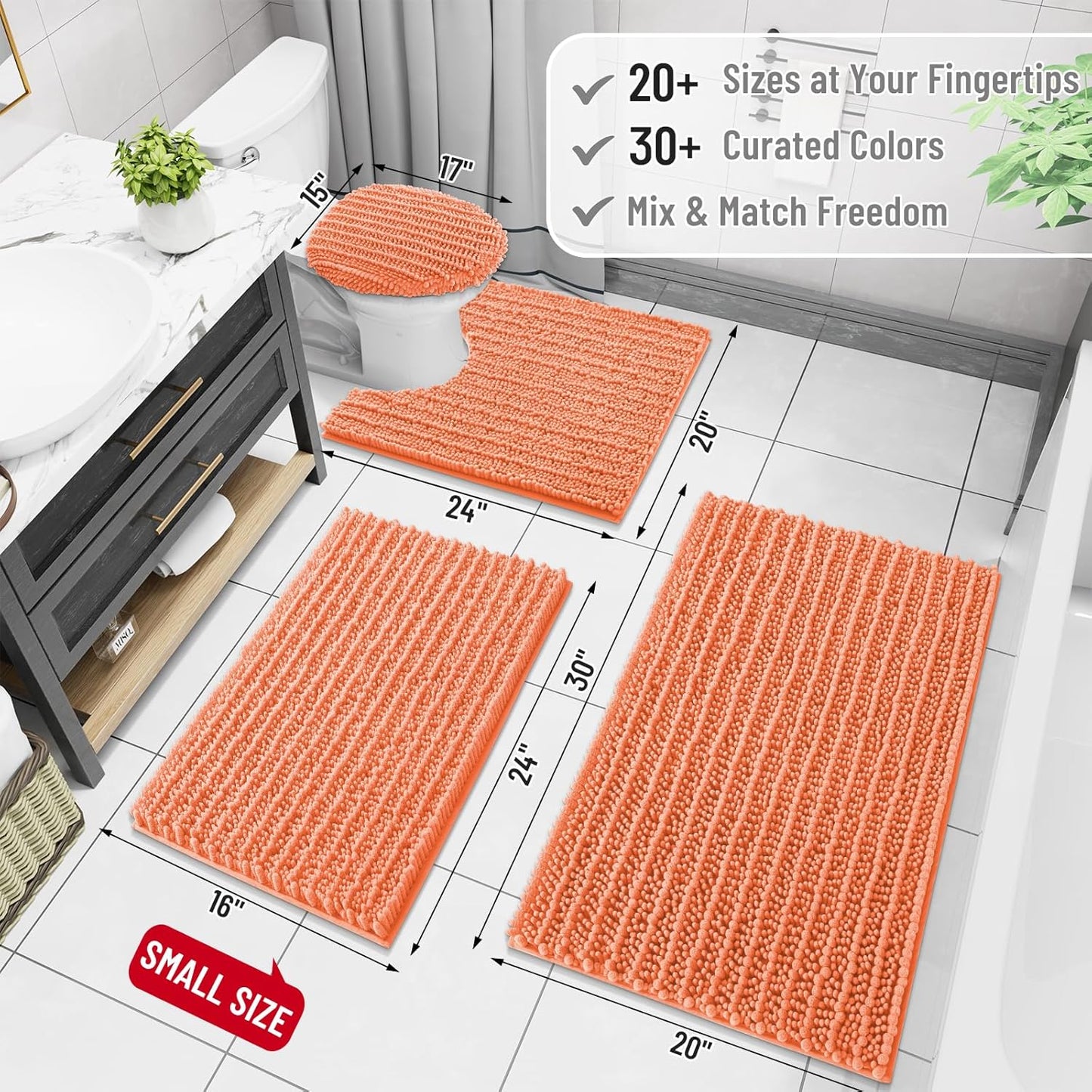 Arotive Luxury Chenille Bathroom Rug Mat, Extra Soft Thick Absorbent Shaggy Bath Rugs, Non-Slip Machine Wash Dry, Plush Bath Mats for Bathroom, Shower and Tub, 30x17, Coral