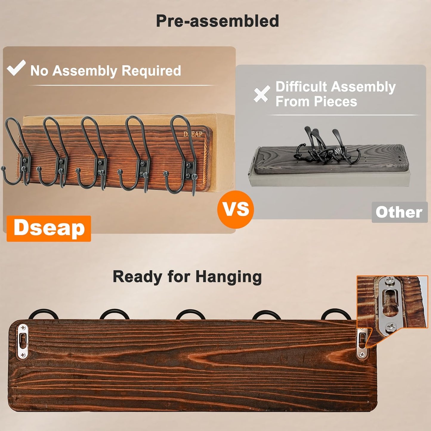 Dseap Coat Rack Wall Mounted - Heavy Duty Farmhouse Rustic Wall Coat Hanger with 5 Wire Hooks for Clothes Hat Jacket Towel, RusticWire, J1-5A, Rustic Brown & Black