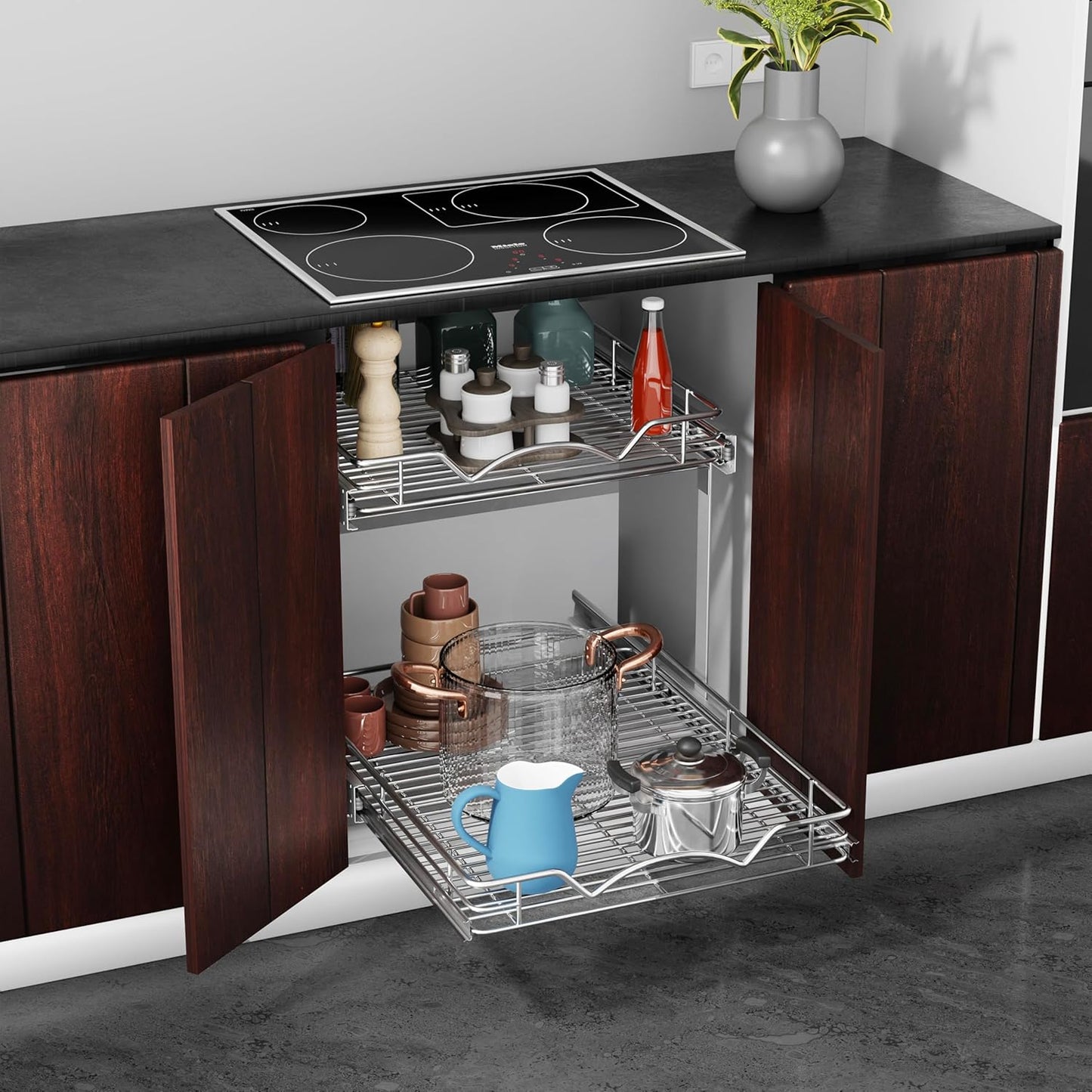 HOLDN’ STORAGE Two Tier Pull Out Cabinet Organizer, Individual Sliding Drawers - Heavy Duty Metal with Lifetime Limited Warranty - Anti Rust Chrome Finish - 11" W x 21”D x 16.5" H