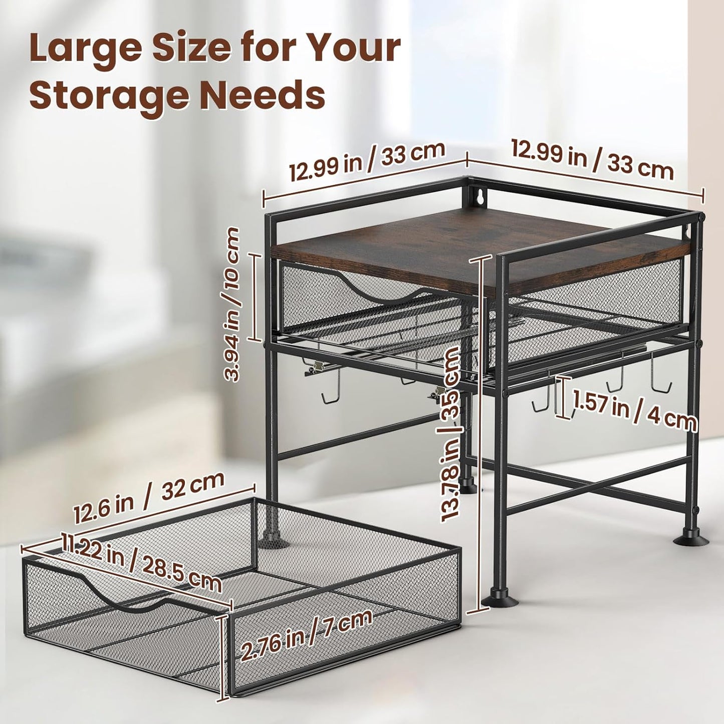 Coffee Bar Organizer Countertop, 2 Tier Mug Cup Holder Stand with 10 Hooks, 60 K Cup Coffee Pod Drawer with Mug Rack, Multifunctional Shelf Organizer for Kitchen, Vintage Brown