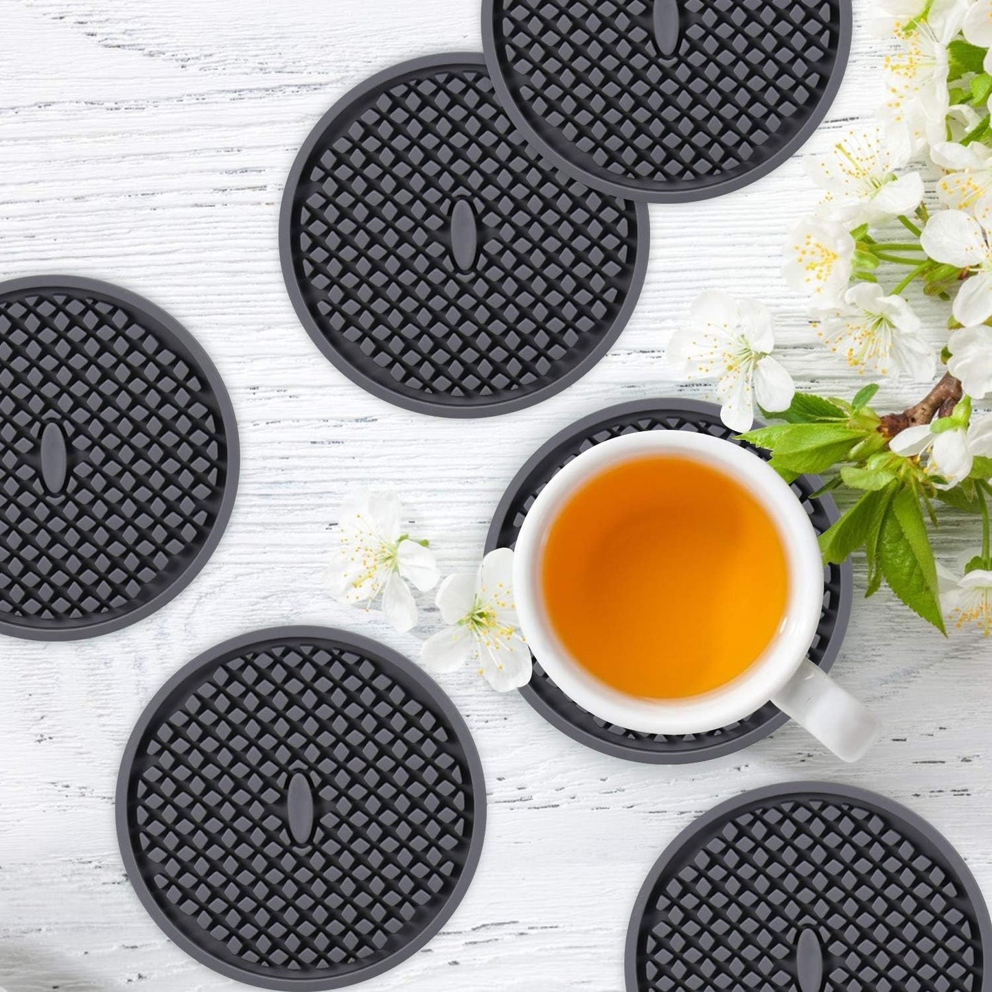 ME.FAN Silicone Coasters [6 Pack] Thickened Drink Coasters with Holder - Cup Mat - Non-Slip, Non-stick, Stay Put, Deep Tray - Prevents Furniture and Tabletop Damages(Gray)