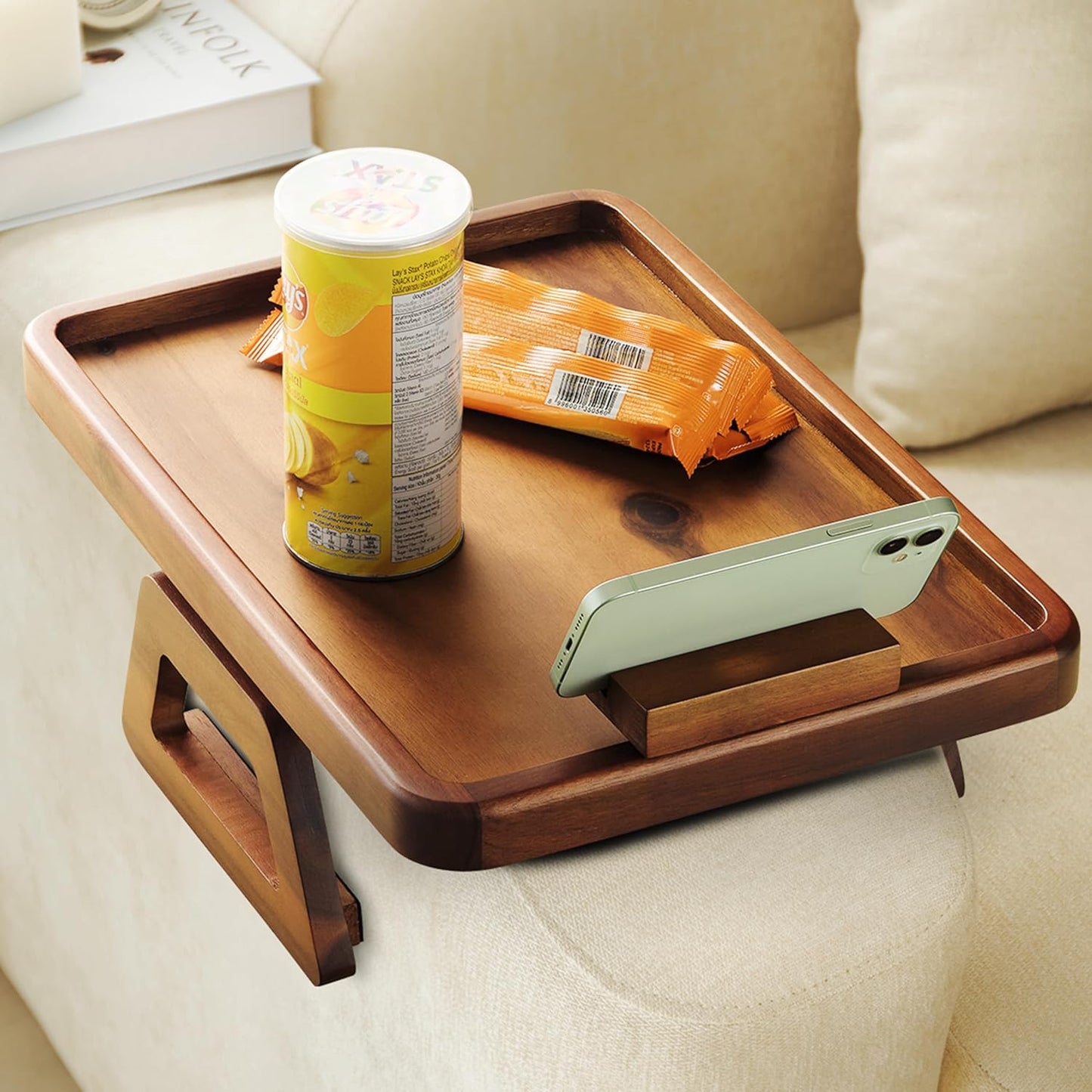 Tinamo 15.7" x 11" Large Couch Arm Table with 360 Rotating Phone Holder - Sofa Arm Clip Table for Living Room - Sofa Armrest Tray Wide Couches - Wooden Side Tables for Eating and Drink (Acacia Wood)