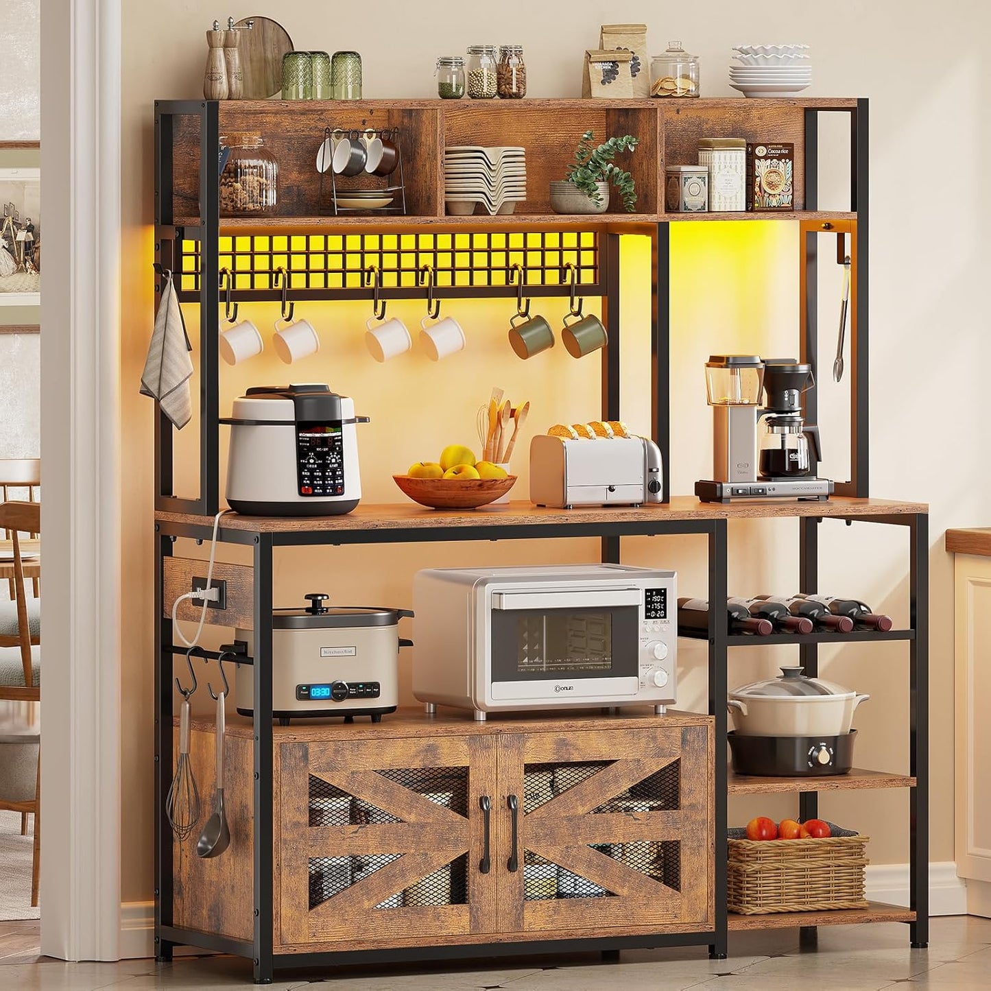 Itaar 47.2 Inch Bakers Rack with Power Outlet, Microwave Stand with Storage, Farmhouse Coffee Bar Cabinet Station with Wine Rack, Iron Grid and 8-S Hooks (Rustic Brown)