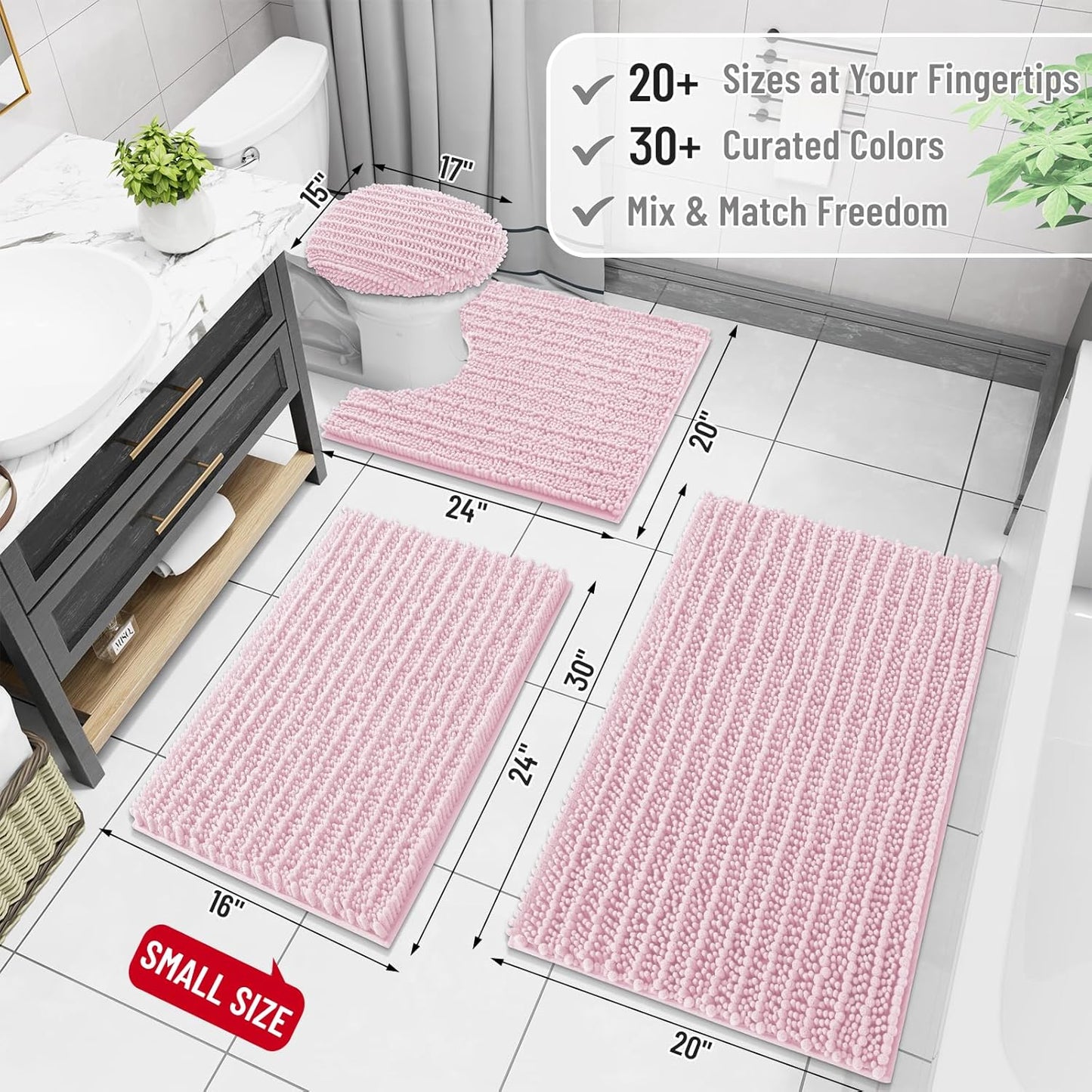 Arotive Luxury Chenille Bathroom Rug Mat, Extra Soft Thick Absorbent Shaggy Bath Rugs, Non-Slip Machine Wash Dry, Plush Bath Mats for Bathroom, Shower and Tub, 34x21, Pink
