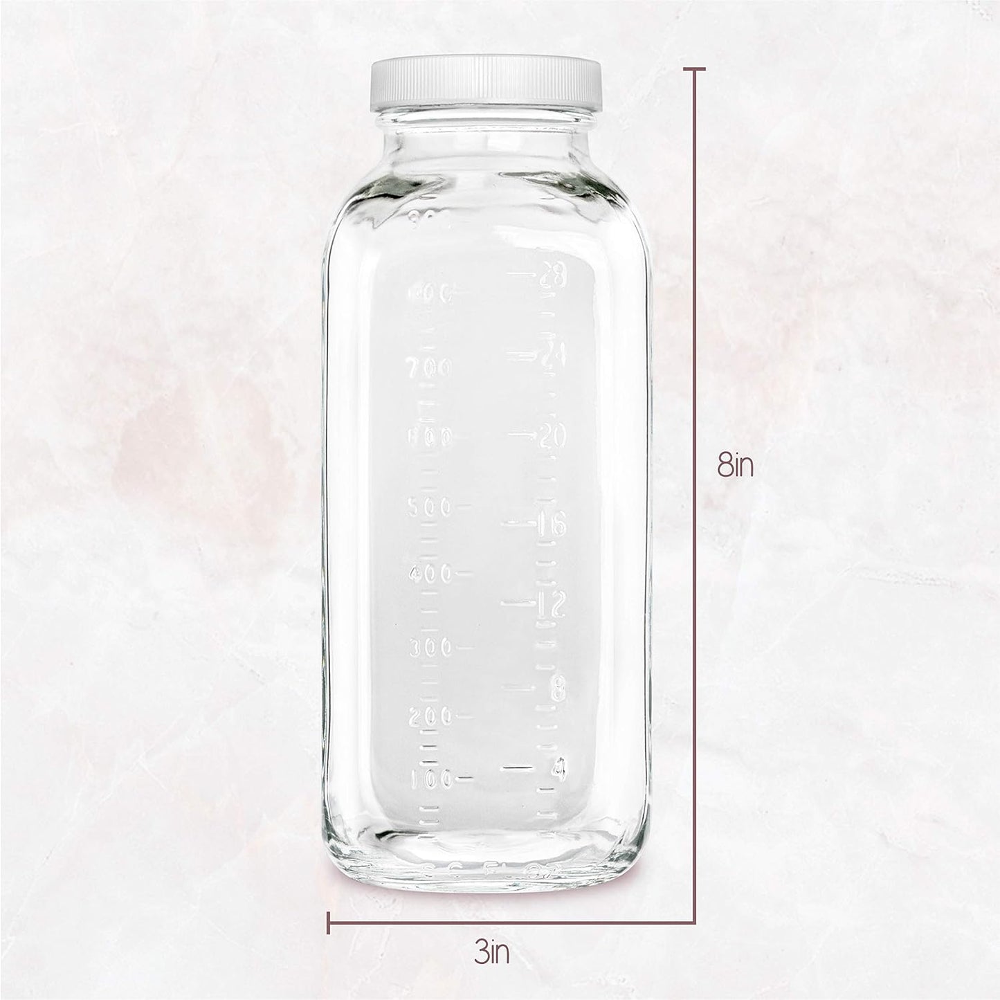 kitchentoolz 32 oz Square Glass Bottles with Plastic Airtight Lids – 4 Pack for Milk, Smoothies, Water, Kombucha, and Broth Storage