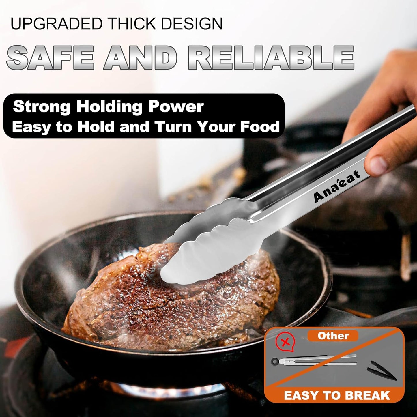 Anaeat Premium Stainless Steel Kitchen Tong Set of 2 - Sturdy Coiled Spring 9" and 12" Locking Food Tong with Non-Slip Silicone Grip for Cooking, Baking, Grilling, BBQ - Heat Resistant up to 480¡ÆF