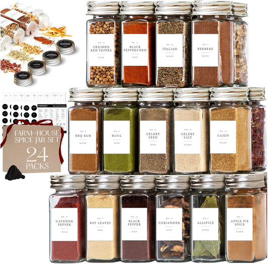 FINESSY Glass Spice Jars with Labels with Metal Lids and Shakers 24 Pack Set, 4oz Small Empty Air Tight Spice Containers with Labels, Clear Seasoning Containers Herb Bottles Kitchen Storage Organizer