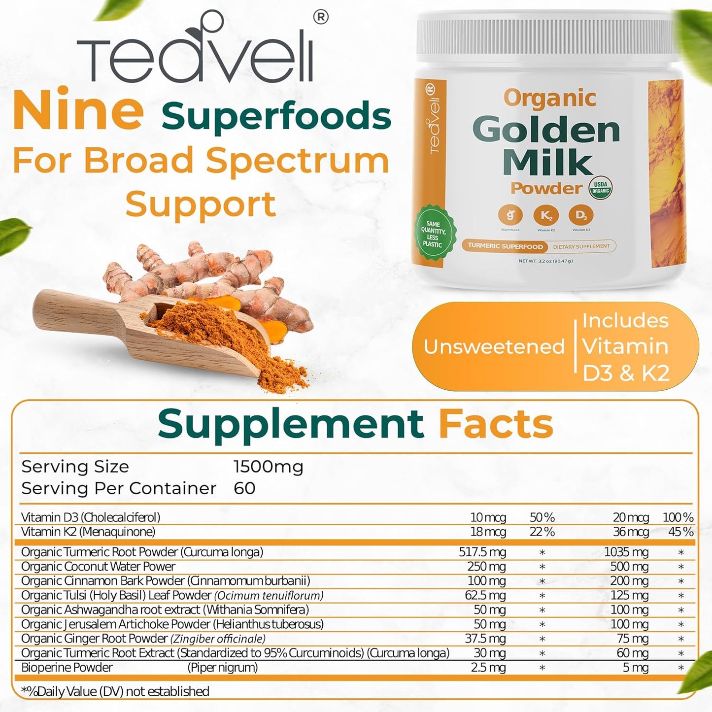 Organic Golden Milk Powder with Vitamins D3 & K2, Turmeric, Ginger, Curcumin, Cinnamon, KSM66 Ashwagandha, Holy Basil & Natural Prebiotics– Delicious Unsweetened Turmeric Tea Latte- 30 Servings
