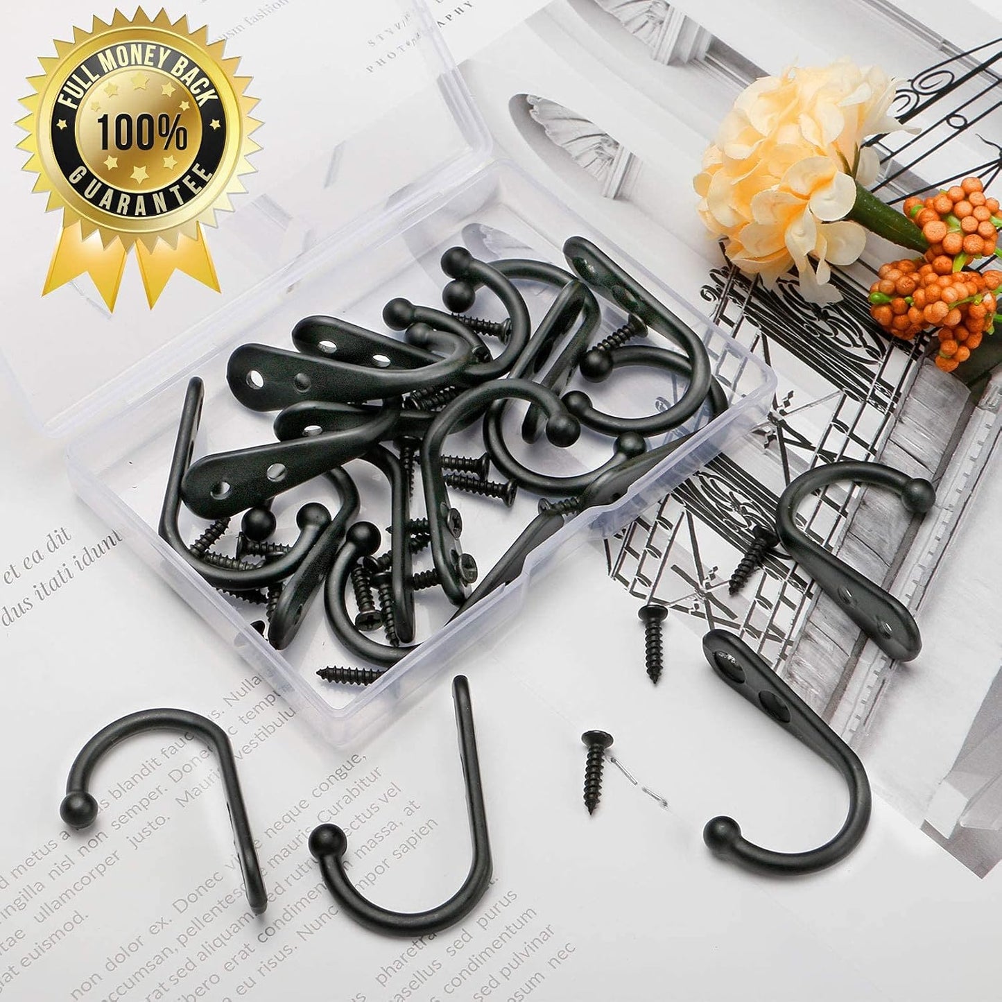 15Pcs Black Wall Mounted Coat Hooks, Hanger Hook with 30 Pieces Screws for Hanging Hat, Towel, Key, Robe, Coats, Scarf, Bag, Cap, Coffee Cup, Mugs