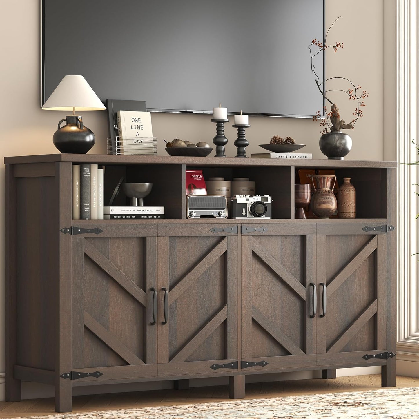 Buffet Sideboard with Storage Farmhouse with 4 Doors, 55'' Large Kitchen Storage Cabinet Wood Coffee Bar Cabinet Buffet Table with Shelves for Kitchen, Dining Room, Entryway (Brown, 55in)