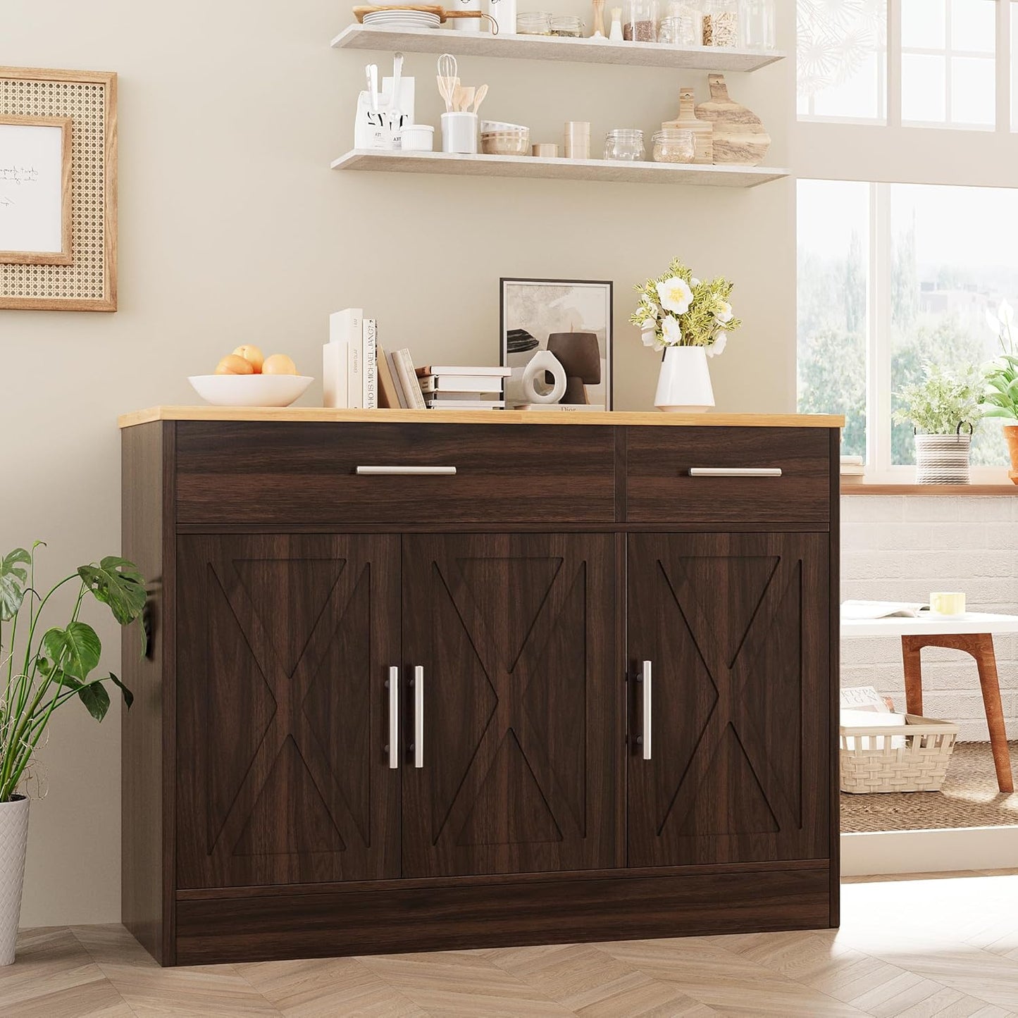 Vongrasig 43” Sideboard Buffet Cabinet with Storage, Farmhouse Coffee Bar with Drawers and Shelves, Wood Buffet Table for Kitchen Dining Room, Living Room, Rustic Brown