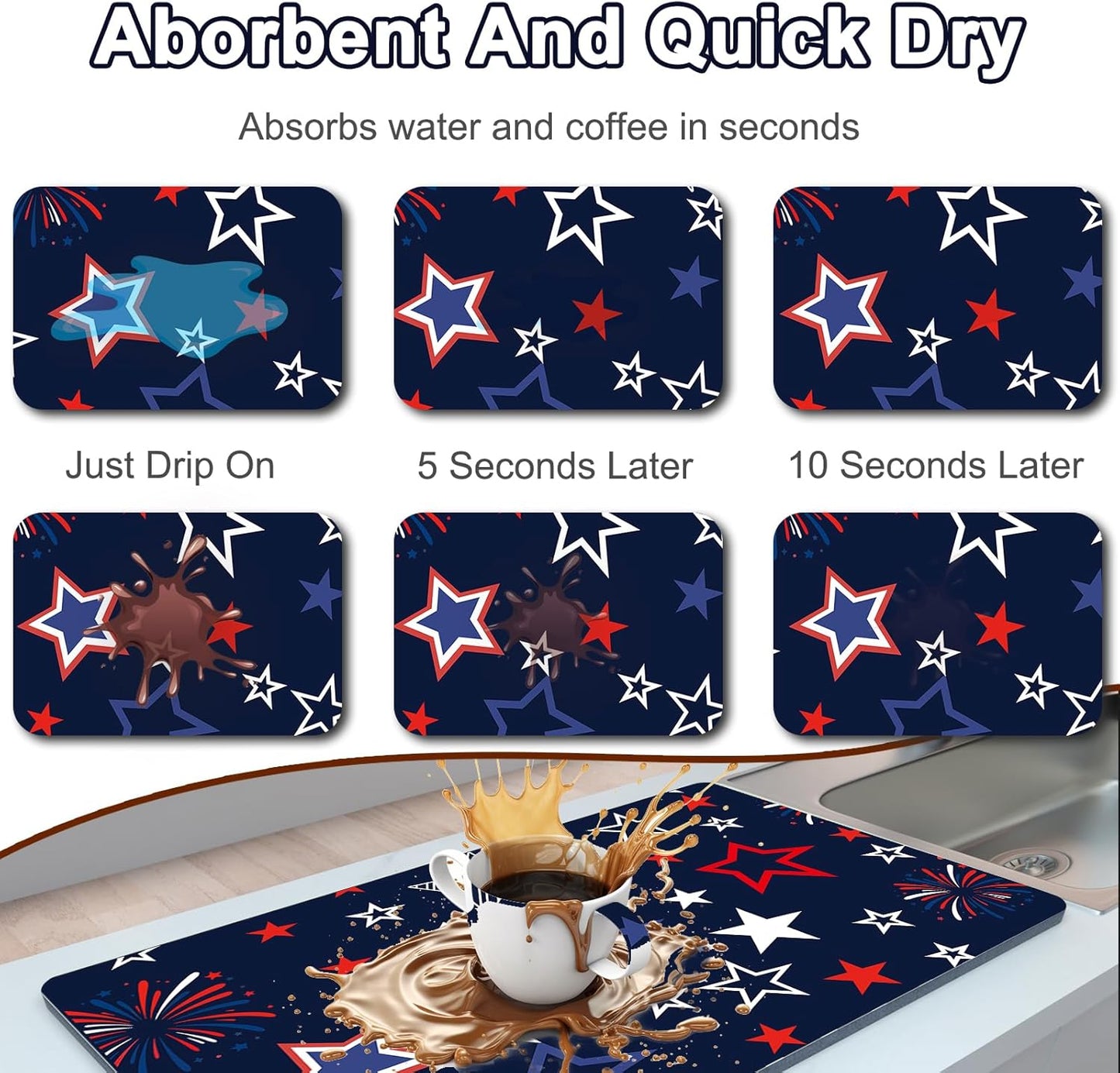 Dish Drying Mat 16" X 24", Super Absorbent & Cuttable Coffee Mats for Countertop, Kitchen Counter Mat Fits Under Coffee Maker or Machine, Hide Stain Drying Pad for Dish Drying Rack, B Stars Freworks