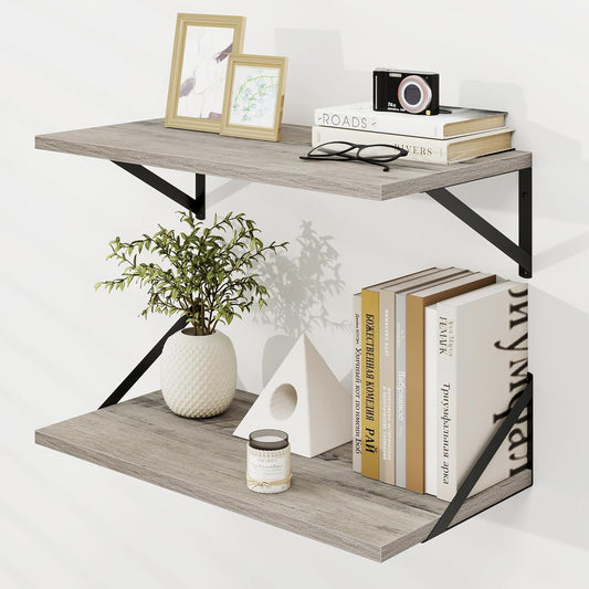 Dreamland Deep Floating Shelves for Wall, Grey Wood Wall Mounted Shelves, Large Floating Shelf 12 * 24 inchSet of 2 for Bookshelf Living Room Bedroom Home Office Bathroom