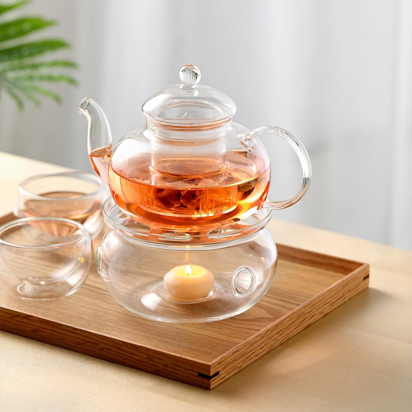CnGlass 33.8oz Glass Teapot with Removable Infuser,Stovetop Safe Tea Kettle with Glass Tea Warmer 5.3 in/13.5cm Diameter