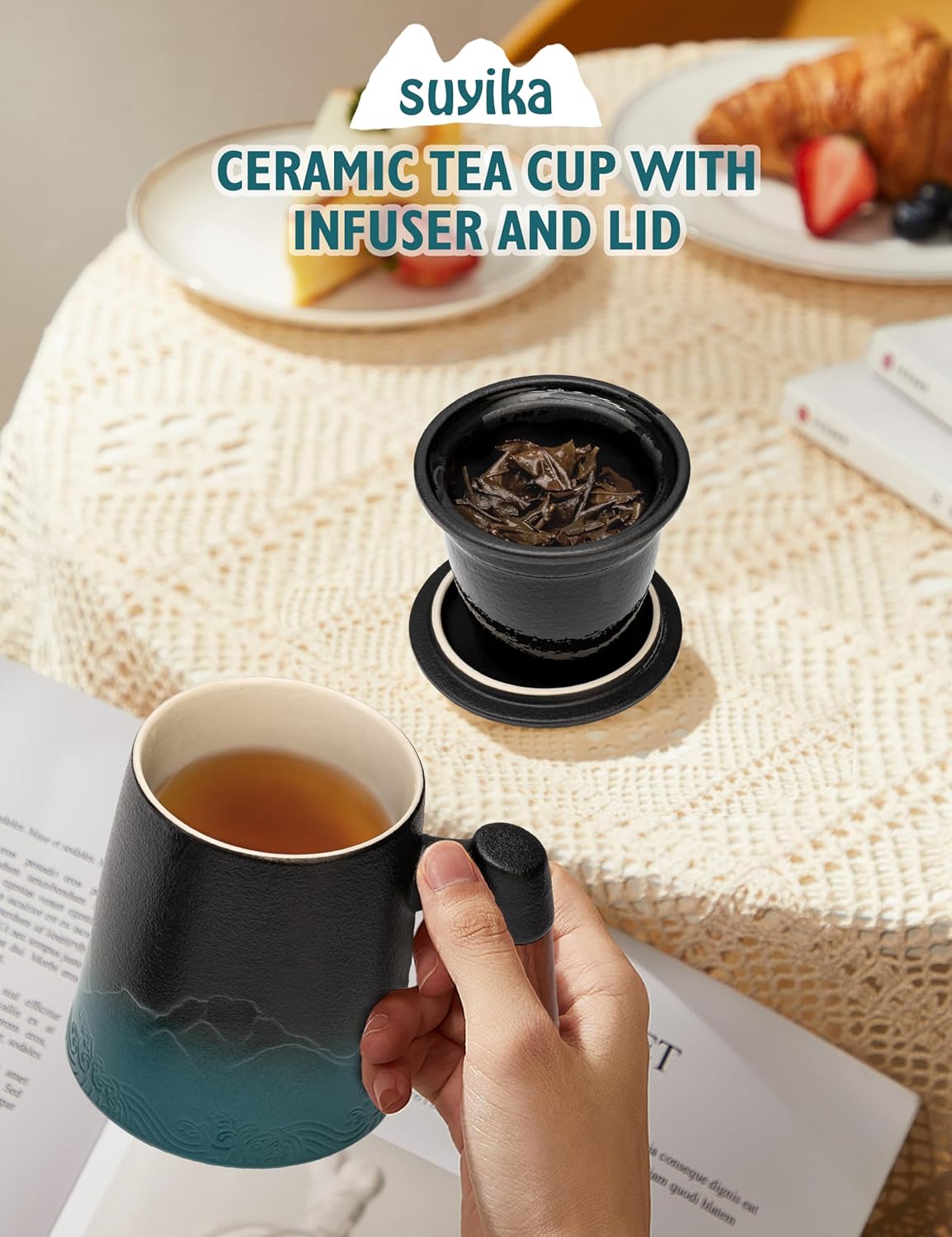 suyika Tea Cup with Infuser and Lid, 15.2 Ounce Wood Handle Ceramic Loose Leaf Mug Gradient Black&Green 450ml