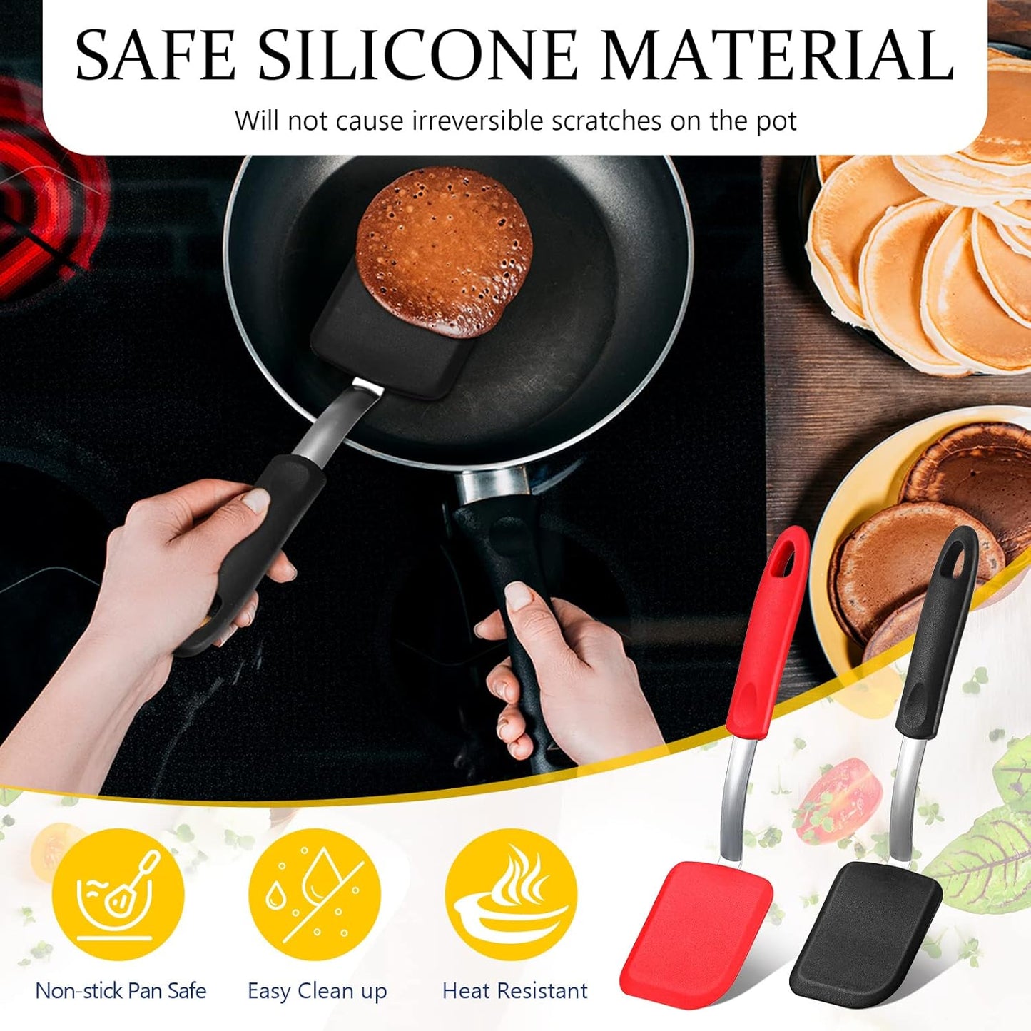 Silicone Cookie Spatula Turner 2 Pack Mini Brownie Spatula Flexible Kitchen Small Silicone Turner for Nonstick Cookware Heat Resistant No Scratch Flipper for Egg Pancake(Black, Red)