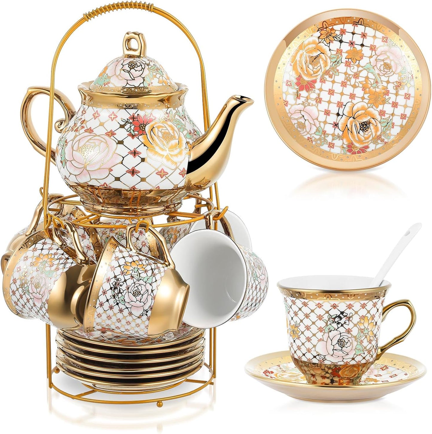 Zhehao 20 Pcs Porcelain Tea Set with Metal Holder and Spoon Adult Ceramic Tea Party Set European Flower Painting Teapot Cup Saucer Spoon Set for Women, Large Version(Delicate Style)