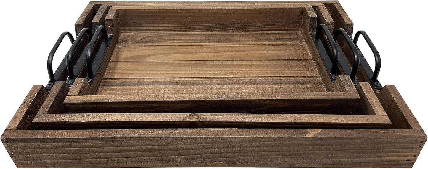3 Piece Decorative Nested Vintage Wood Serving Tray Set for Coffee Table or Ottoman ? Rustic Wooden Breakfast Trays for Kitchen, Dining Room, or Living Room ? Farmhouse Platter w/Handles ? Brown