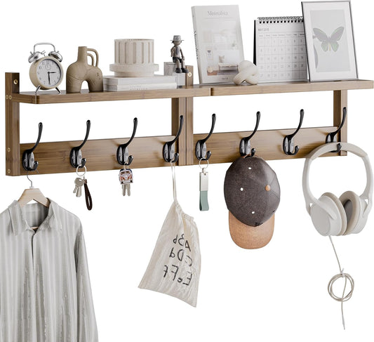 Coat Rack with Shelf Wall Mount, Entryway Bamboo Hanging Shelf, Set of 2, Wall Hook Rail for Hallway D?cor, Storage Clothe, Hat, Robe, Key, Dog Leash (Walnut)