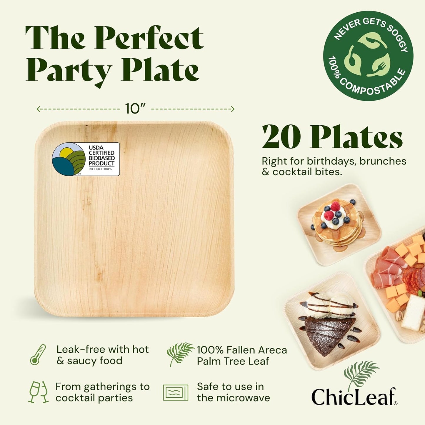 Chic Leaf Palm Leaf Disposable Bamboo Plates ? Square, Biodegradable & Compostable Party Plates for Weddings, Parties & Events - Disposable Platter (10", 20 Pack)