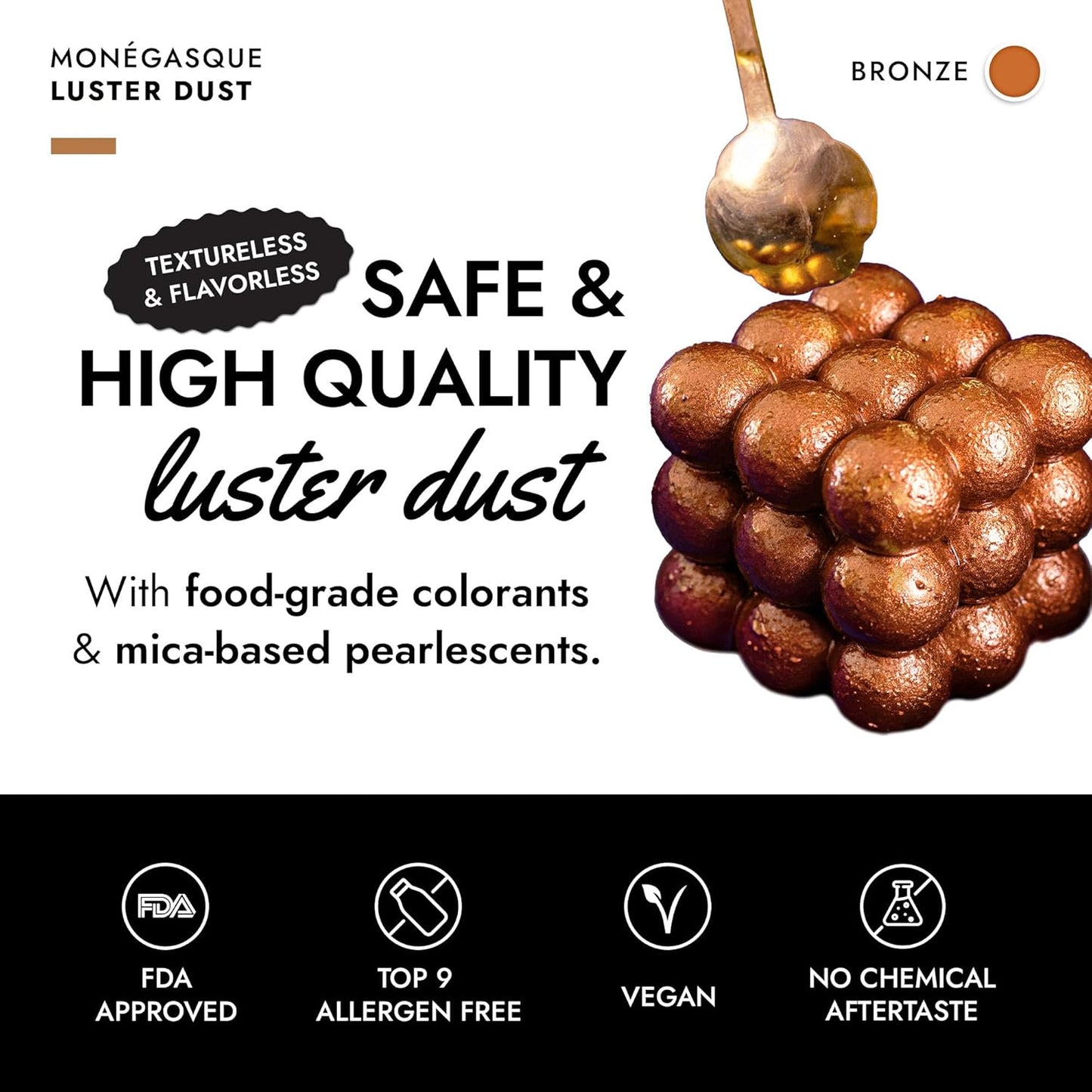 MONÉGASQUE Bronze Edible Glitter for Drinks 15g – Edible Glitter for Cakes & Cocktails – Luster Dust for Cakes, Drinks, & Chocolate Decorations – Halloween Cake & Drink Shimmer - Copper Powder Spray