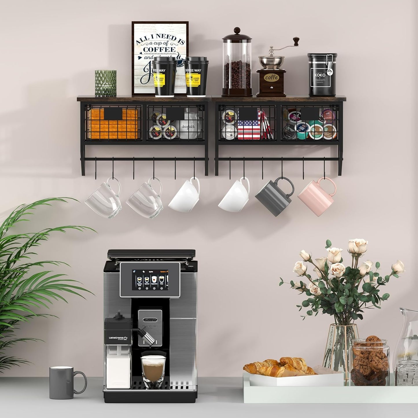 Helsin Industrial Wall Mounted Metal Wood Floating Shelves with Baskets Hooks Hanging Display Shelf Sundries Holder for Coffee Bar Kitchen Bathroom Organization and Home Decor, Black (16inch, 2 Sets)