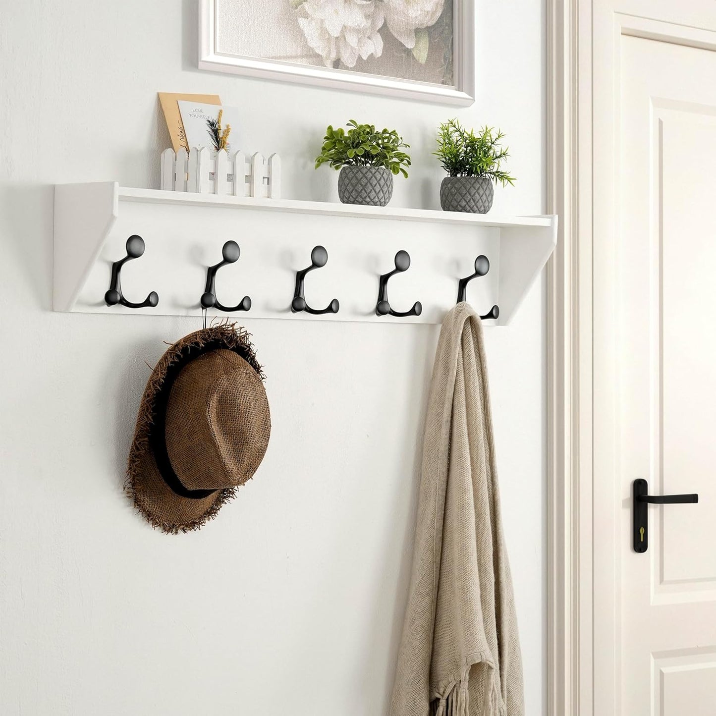SKOLOO Wall Shelf with Hooks, 24-Inch White Coat Rack Wall Mount with Shelf Organizer - Lightweight & Sturdy, 5 Tri Hooks - Perfect for Entryway, Hallway, Living Room, Bedroom, Mudroom