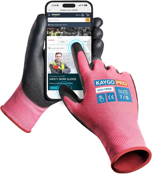 KAYGO Safety Work Gloves PU Coated for Men and Women- KG11PB,12 Pairs,Seamless Knit Glove with Two Fingers Touchscreen,Ideal for General Duty Work (Small,Pink)