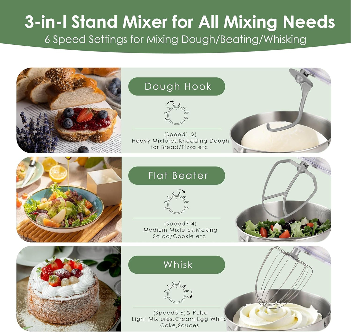 Kitchen in the box Stand Mixer - 6.5 Quart Mixing Bowl with Handle, 900 Watt Powerful Heavy Bread Dough Standing Mixers Tilt-head with Dough Hook, Whisk, Flat Beater and Splash Guard (Green)