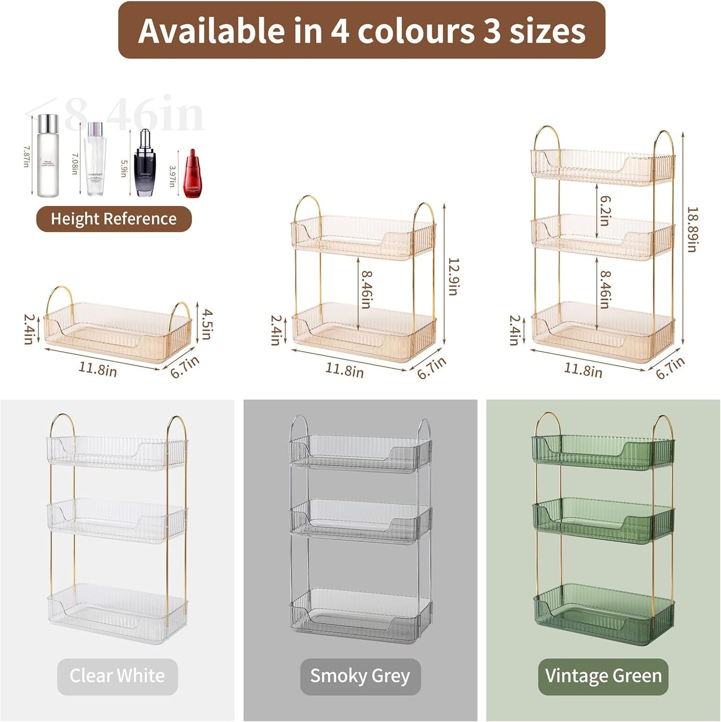 YCIA&DONE Bathroom Organizer Countertop, Makeup Storage, Skincare Cosmetic Tray Shelf, Perfume Holder Rack for Vanity Counter, Large Capacity, Easy to Install, Clean, 3 Tiers, Amber Gold