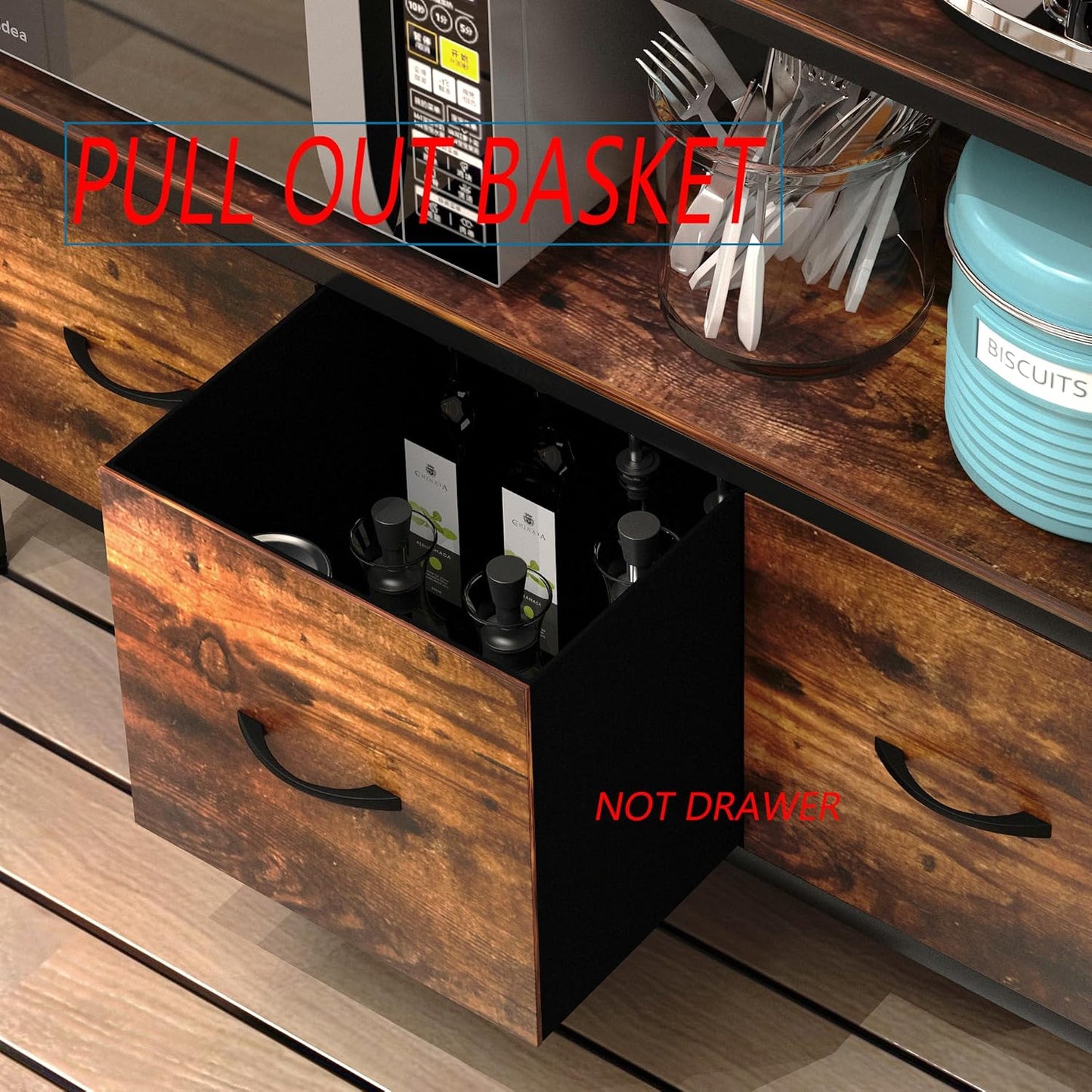 Kitchen Bakers Rack with Power Outlet,5-Tier Free Standing Storage Shelf Bakers Rack with Baskets,Industrial Microwave Oven Stand,Metal Kitchen Rack Organizer with Hooks