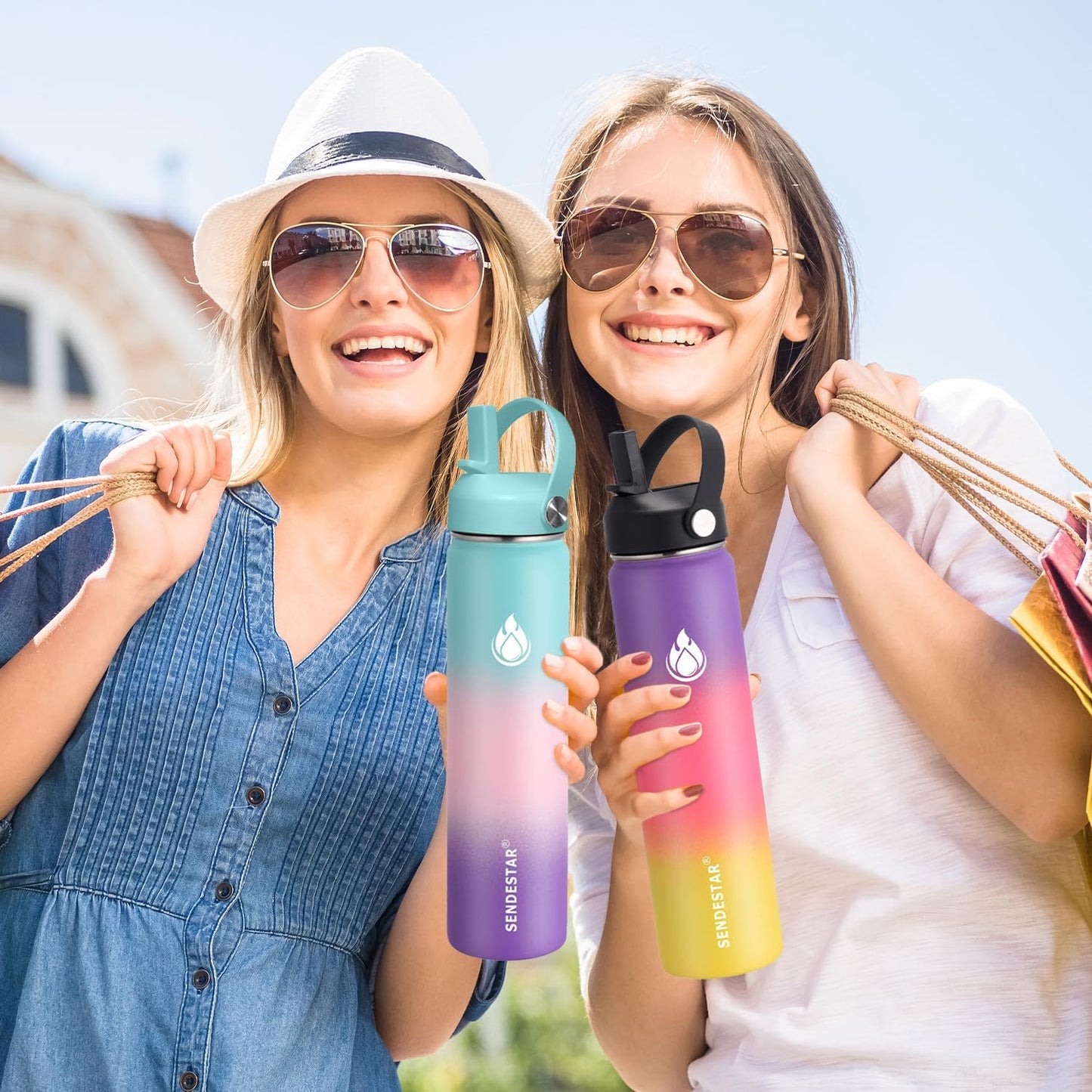 SENDESTAR Water Bottle 40oz Double Wall Vacuum Insulated Leak Proof Stainless Steel Sports Water Bottle—Wide Mouth with New Flex Straw Lid & Spout Lid (lilac)