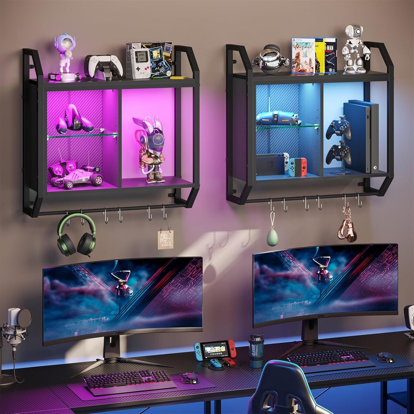Bestier 25" LED Gaming Floating Shelves for Wall, Wall Mounted Shelf Pipe Adjustable Glass Shelves, Hanging Display Rack with 6 S-Hooks Towel Bar, Gaming Room Decor Shelf, Carbon Fiber Black