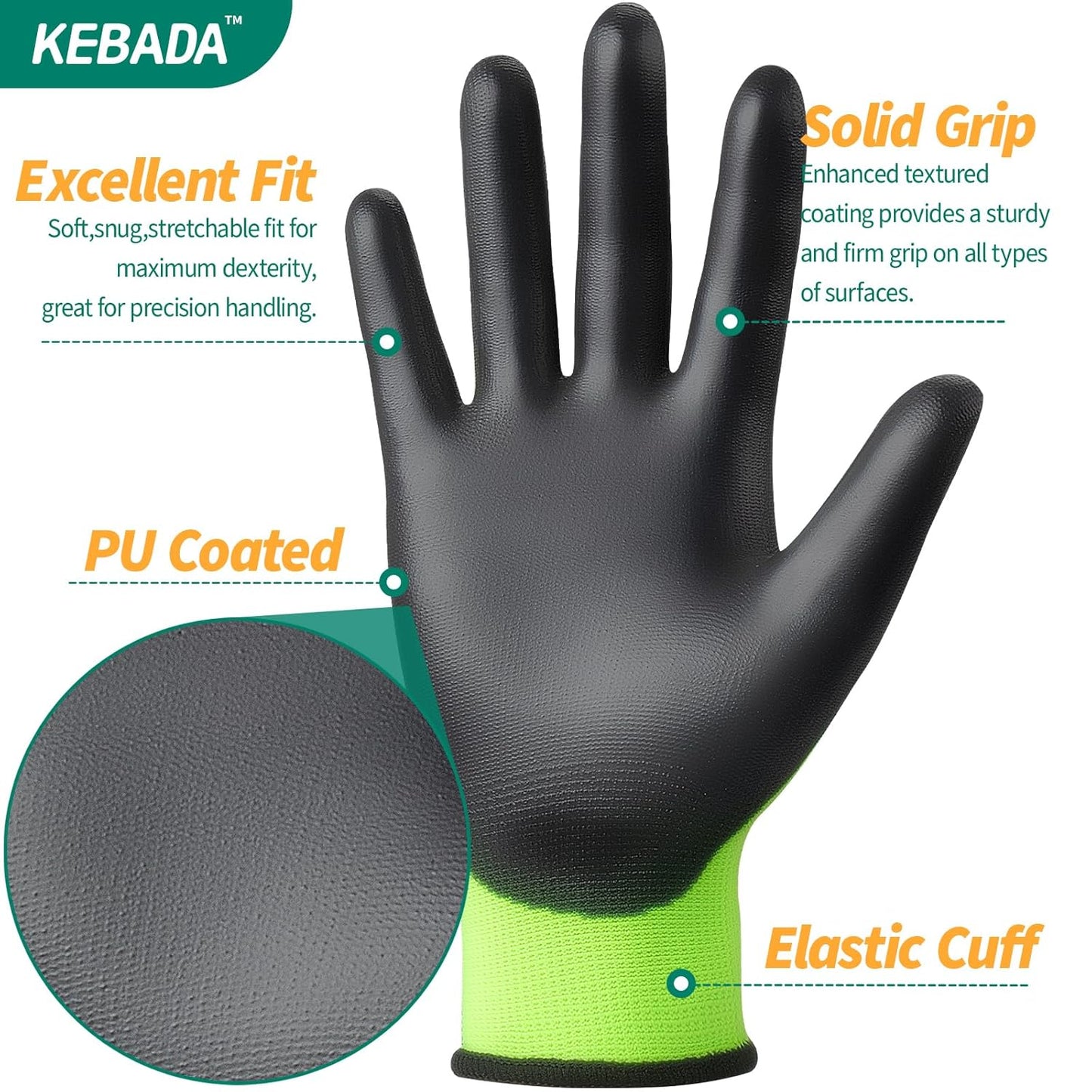 Kebada W1 Work Gloves for Men and Women, Touchscreen PU Coated Gloves with Grip, 50 Pairs Bulk Pack, Ideal for Warehouse Package Handling, Construction, Gardening, Green X-Large