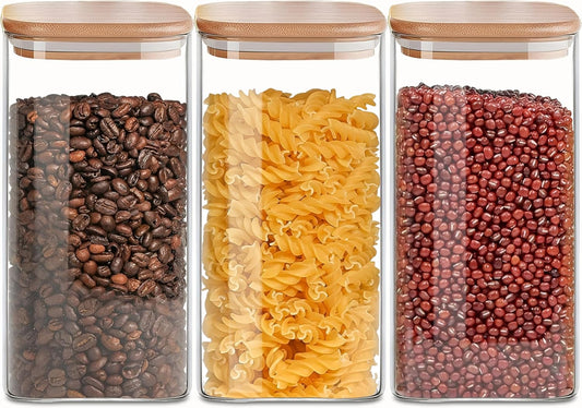 50oz Square Glass Storage Containers with Lids, Clear Food Storage Container Jar with Sealing Bamboo Lid for Noodles Flour Cereal Rice Sugar Tea Coffee Beans,Square Set of 3