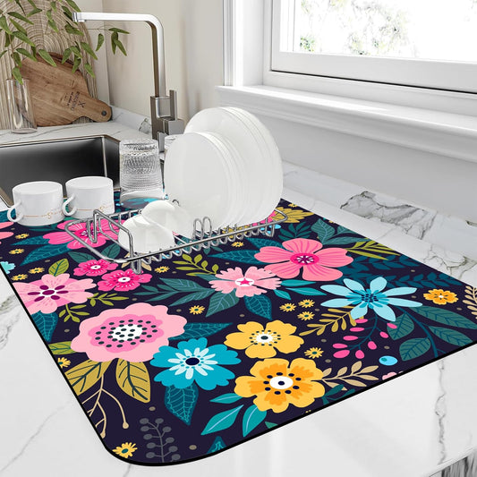 Dish Drying Mat Bright Colorful Flowers Leaves Coffee Mat,12"X19" Bsorbent Dish Drying Pad for Sink Dishes or Under Rack Kitchen Counter Accessories Absorbent Hide Backed Drying Mat