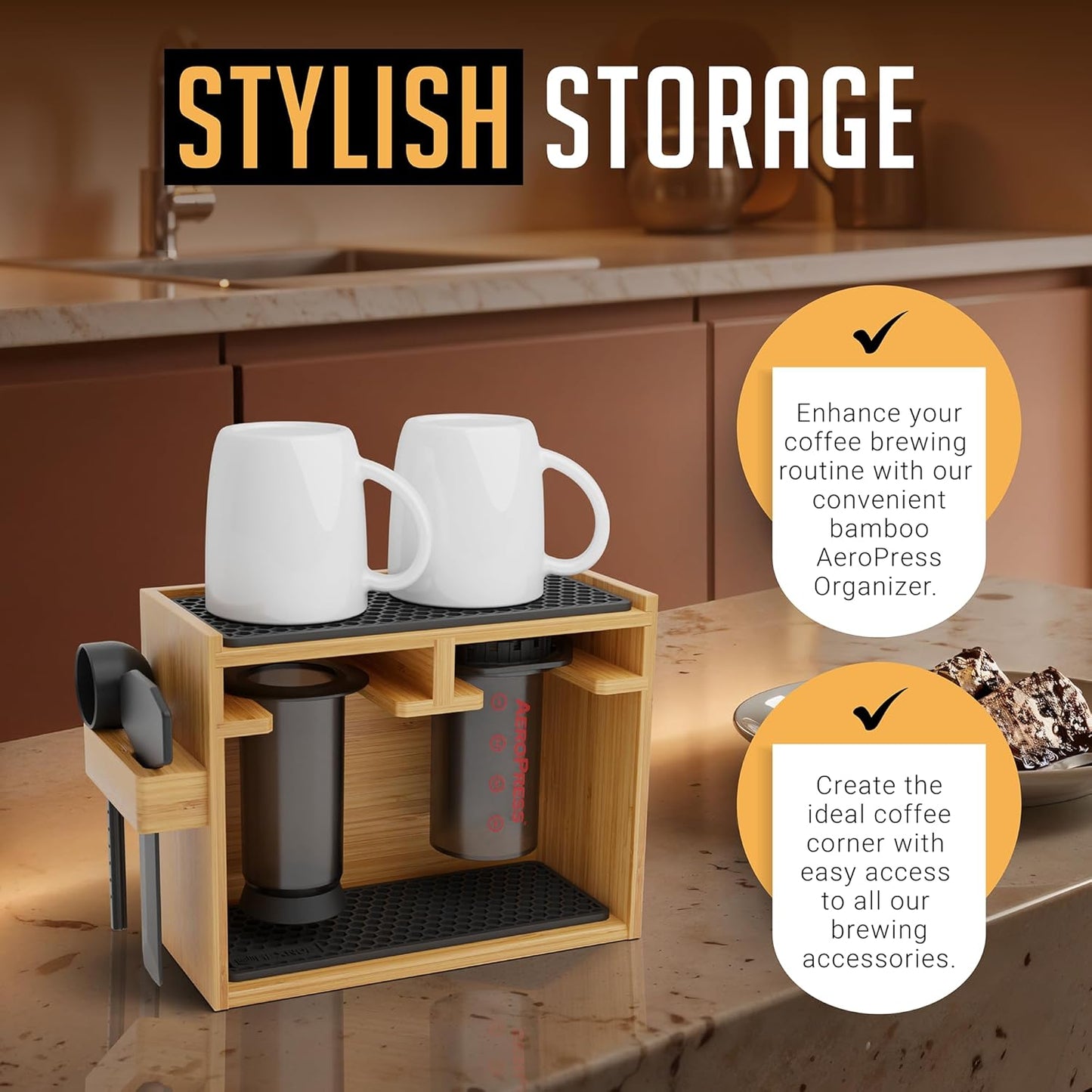 HEXNUB – Bamboo Organizer for AeroPress, Coffee Caddy Station Holds AeroPress Coffee Maker, Accessories, Filters, Cups, Stand includes Dripper Mats (Black)