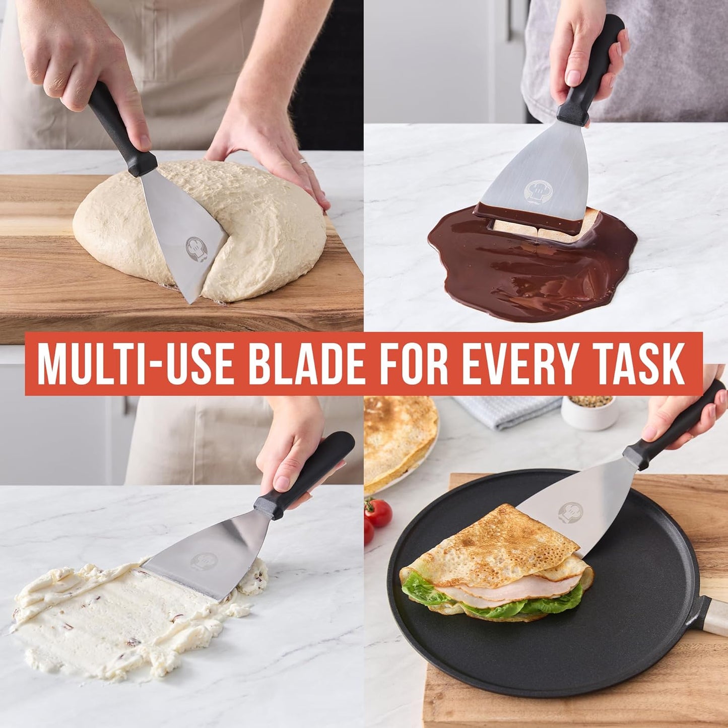Chef Pomodoro Pizza Dough Scraper Tool 4" (10 cm), Bench Scraper with Handle, Stainless Steel Bench Knife and Metal Chopper for Kitchen, Bread Spatula, Pastry Tool for Food and Baking