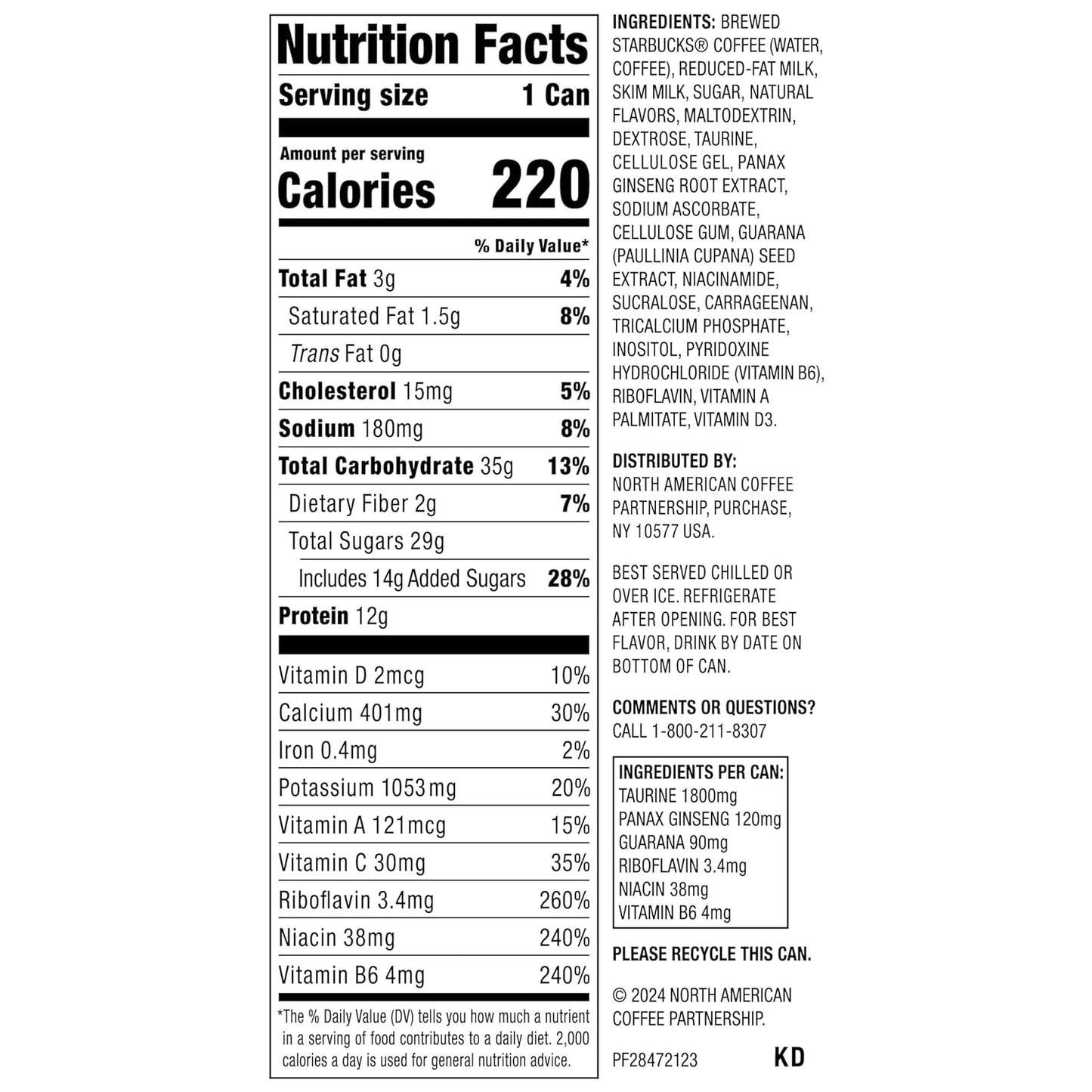 Starbucks RTD Energy Drink, Doubleshot Energy Drink, Coffee, Guarana, Vitamin B, Ginseng, 15 Oz Cans (Pack of 12)