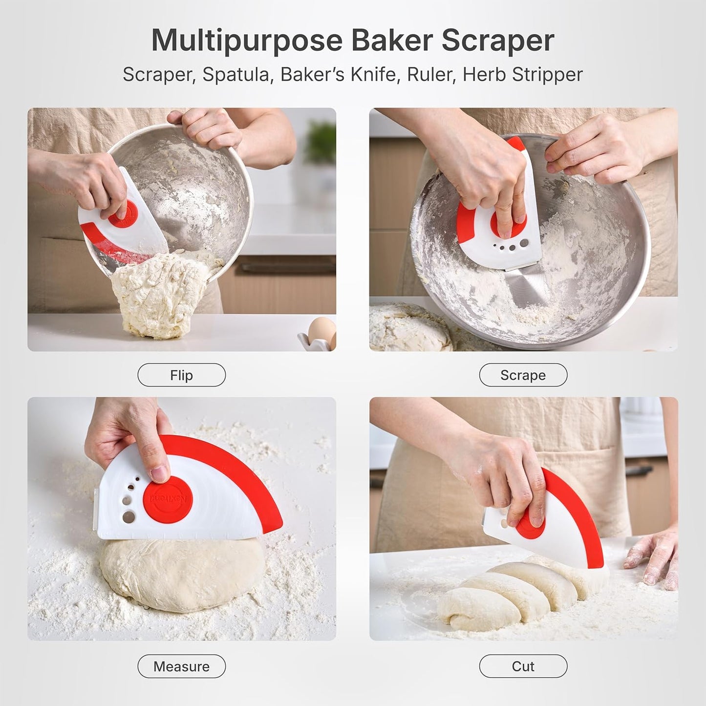 Nextrend BakerScraper – 5-in-1 Flexible Bowl Scraper, Bench Scraper and Dough Scraper with Stainless Steel Edge, Ruler & Herb Stripper – BPA Free, Dishwasher Safe - Red