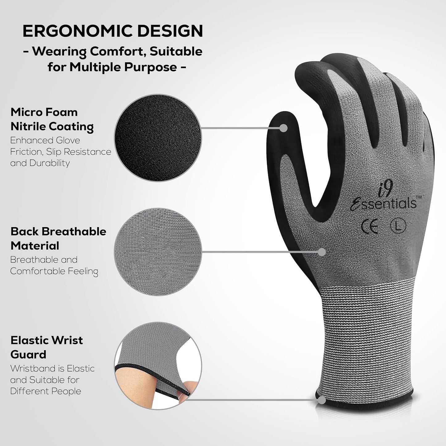 I9 Essentials Safety Work Gloves – 12 Pairs MicroFoam Nitrile Coated, Seamless Nylon Knit Grip Gloves for Construction, Home Improvement, Gardening, Mechanics, Automotive – Large, Breathable