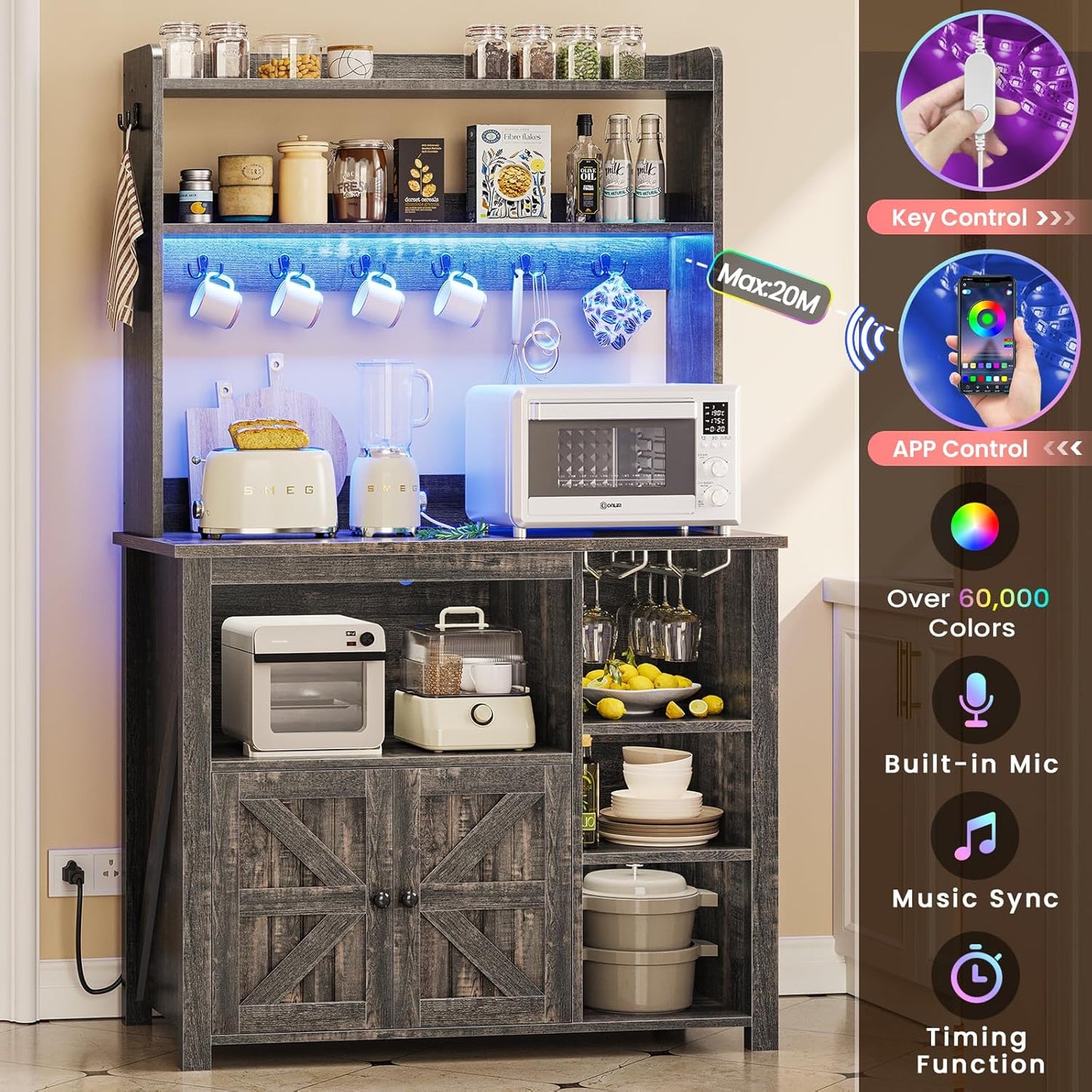 Itaar Coffee Bar Cabinet, Bakers Rack with Power Outlet and Storage, Farmhouse Microwave Stand Kitchen Cabinet with Hutch, LED Lights, Wine Glass Holder and 8 Hooks (Grey)