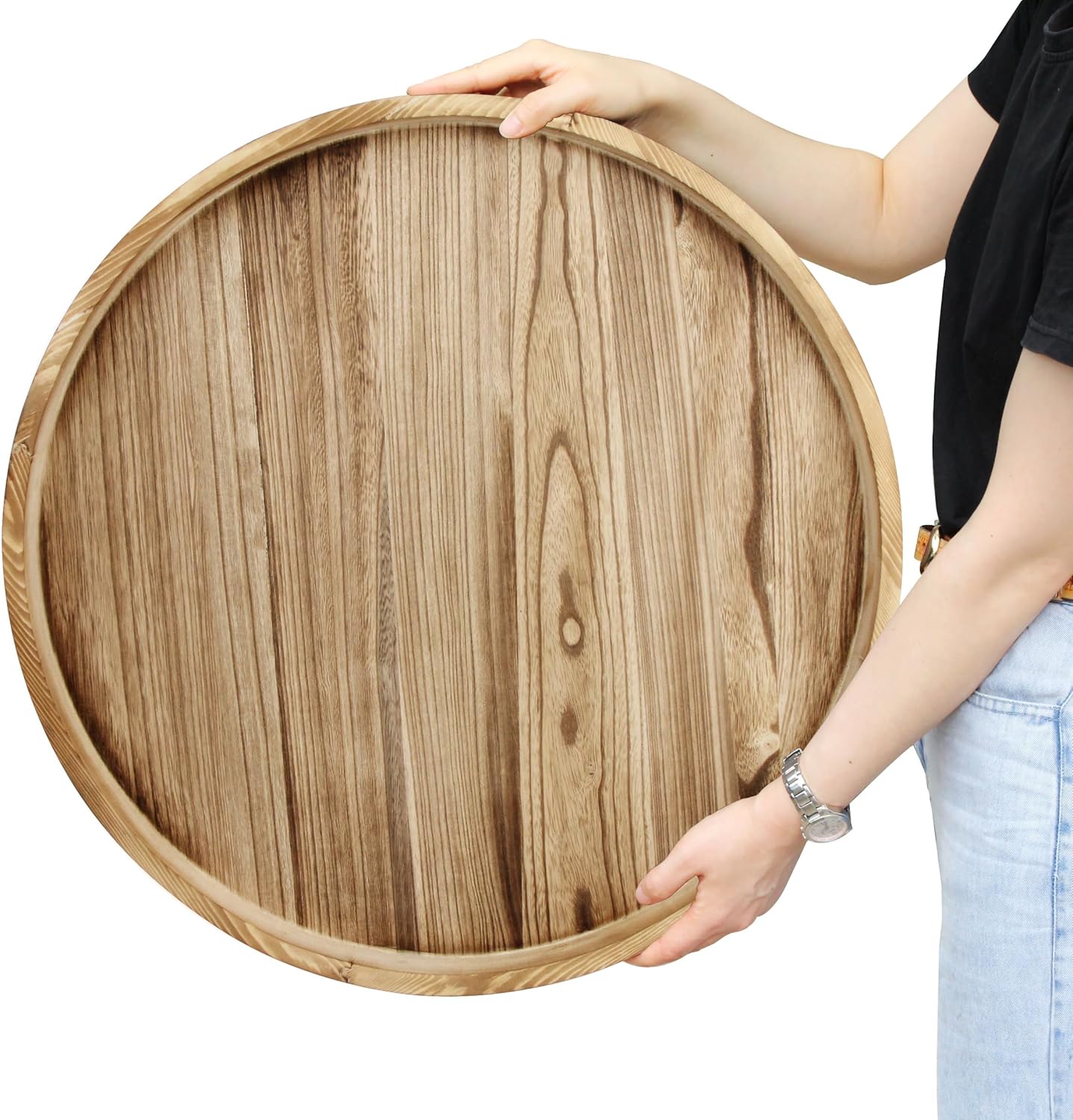 Round Ottoman Table Tray Round-24 - Rustic Wooden Serving Tray for Farmhouse Decorative Oversized Coffee Table Trays Living Room Kitchen Counter Breakfast Nature